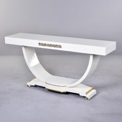 French Art Deco Console in White Finish with Brass Detailing