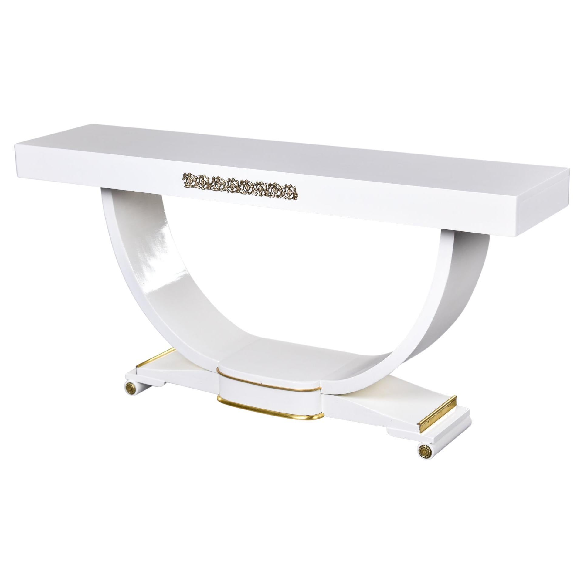 French Art Deco Console in White Finish with Brass Detailing