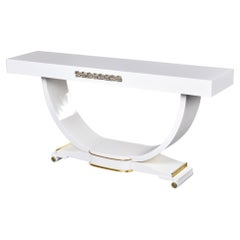 Antique French Art Deco Console in White Finish with Brass Detailing