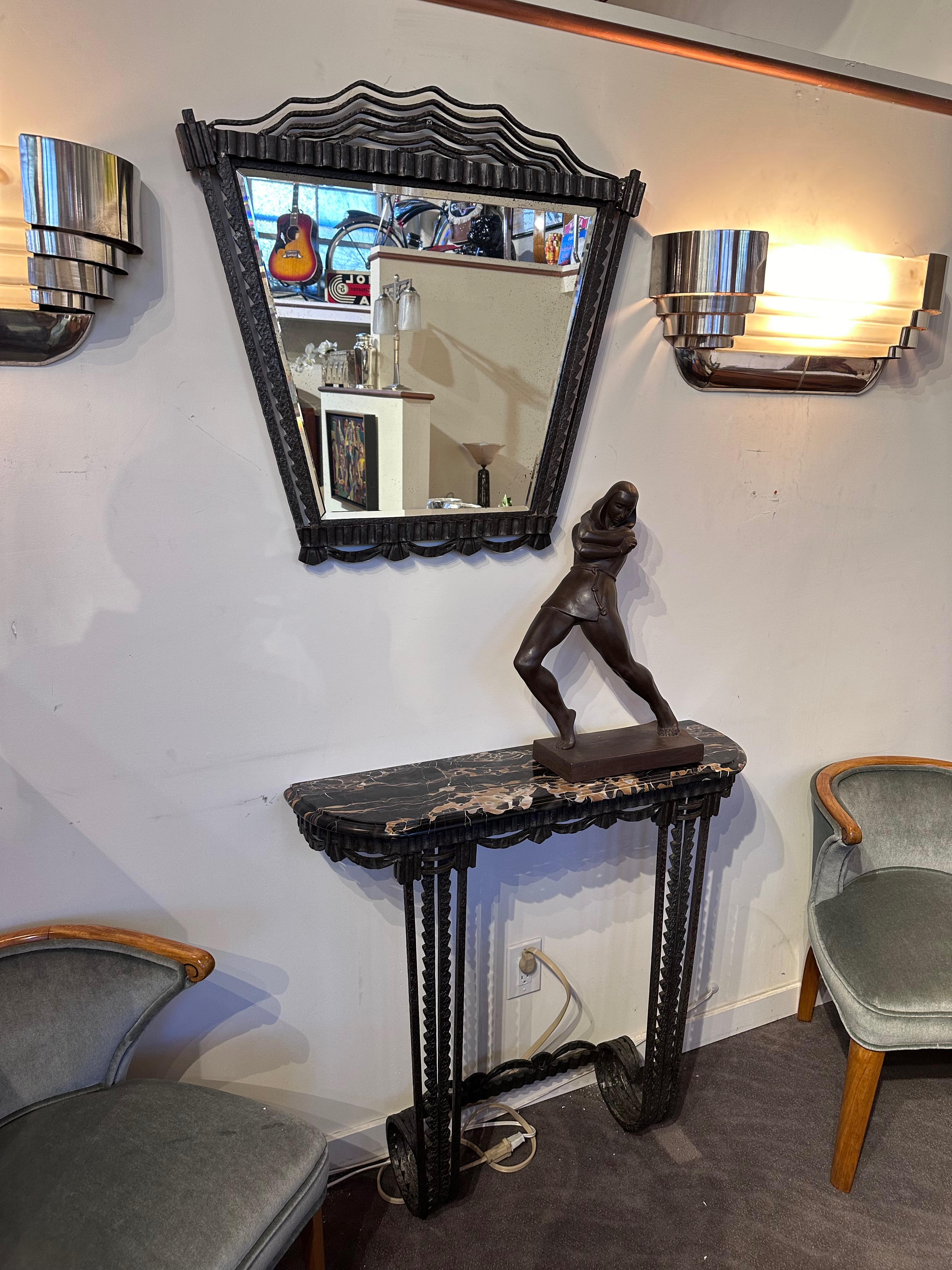 French Art Deco Console Mirror Iron and Portoro Marble Original. This high-quality original set is not something we’ve had posted in our inventory for sale. The ironwork, also known as Fer-forge is as good as it gets and the two matching pieces with