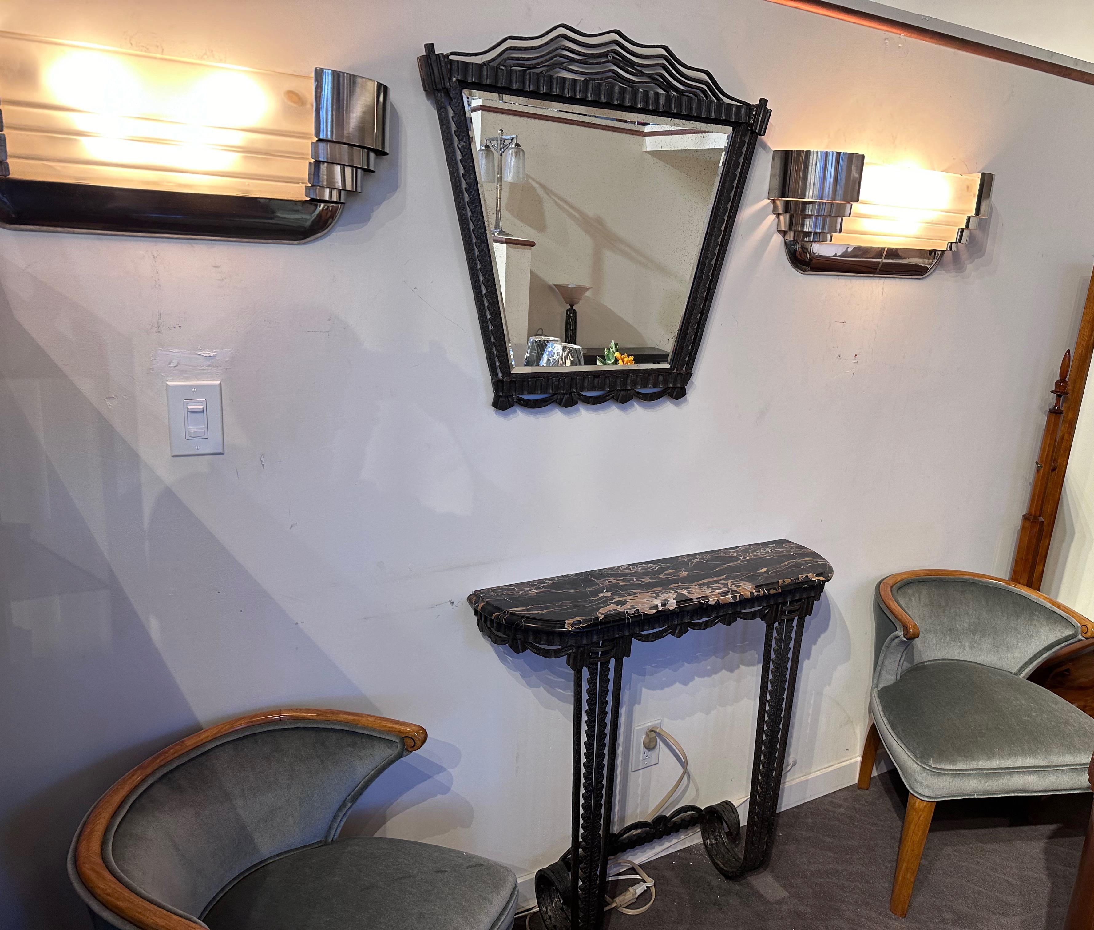 French Art Deco Console Mirror Iron and Portoro Marble Original In Good Condition For Sale In Oakland, CA