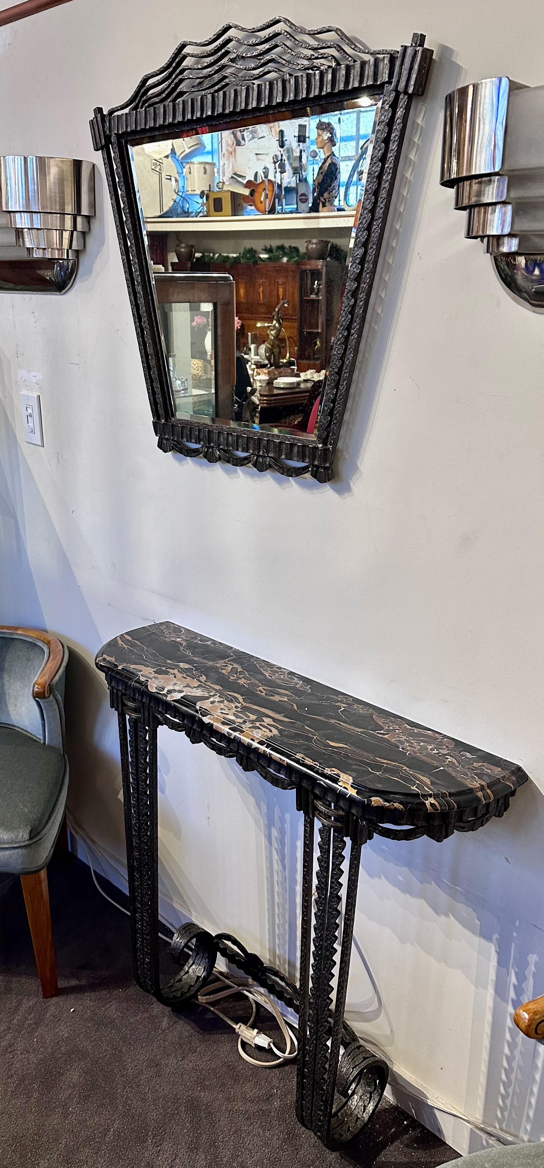 Early 20th Century French Art Deco Console Mirror Iron and Portoro Marble Original For Sale