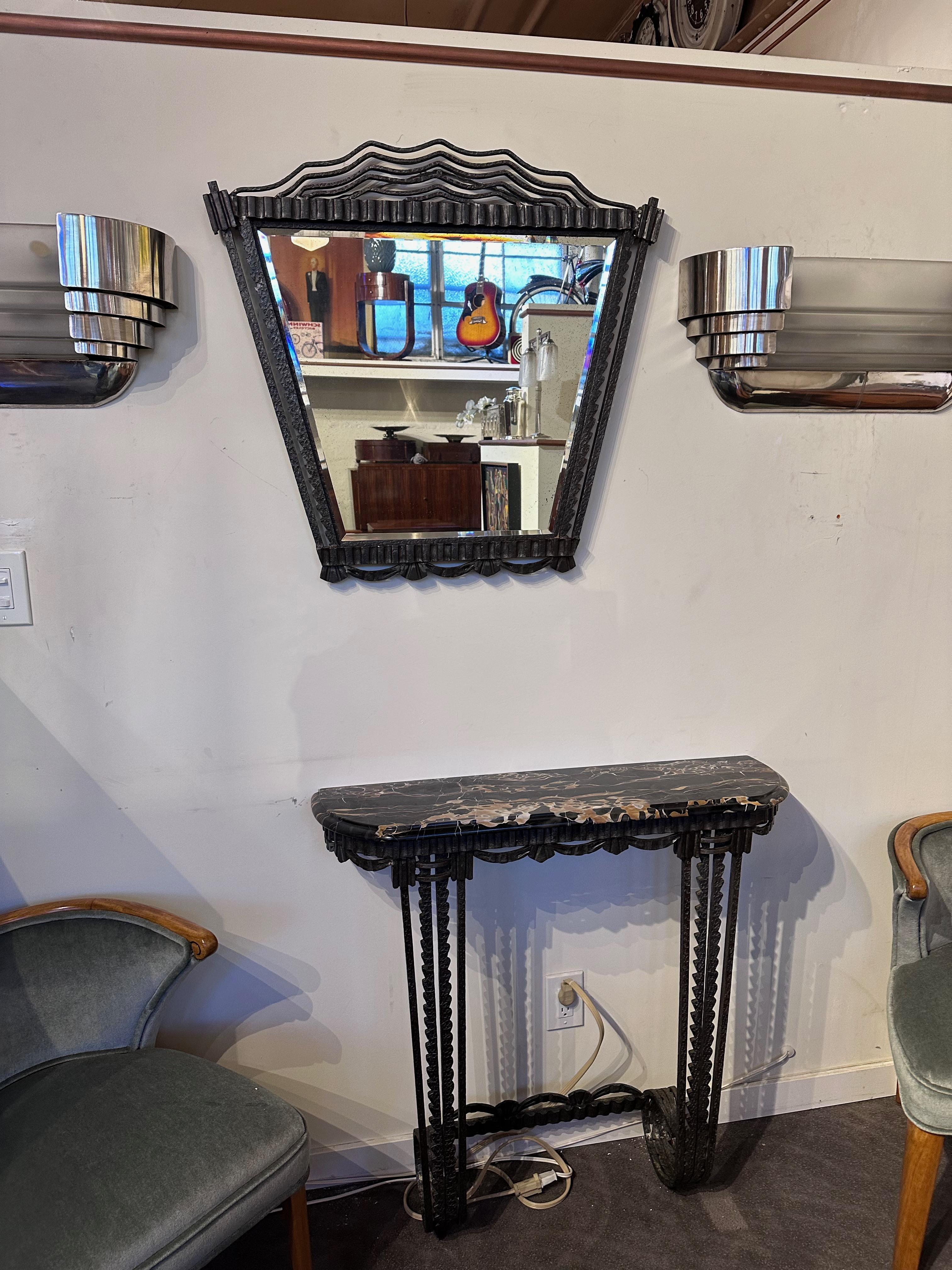 French Art Deco Console Mirror Iron and Portoro Marble Original For Sale 2