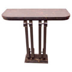 French Art Deco Console Table in Wrought Iron and Portor Marble, 1920s