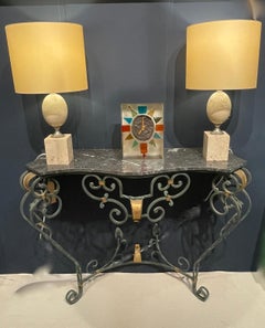 French Art Deco Console table , Painted wrought iron , original marble top