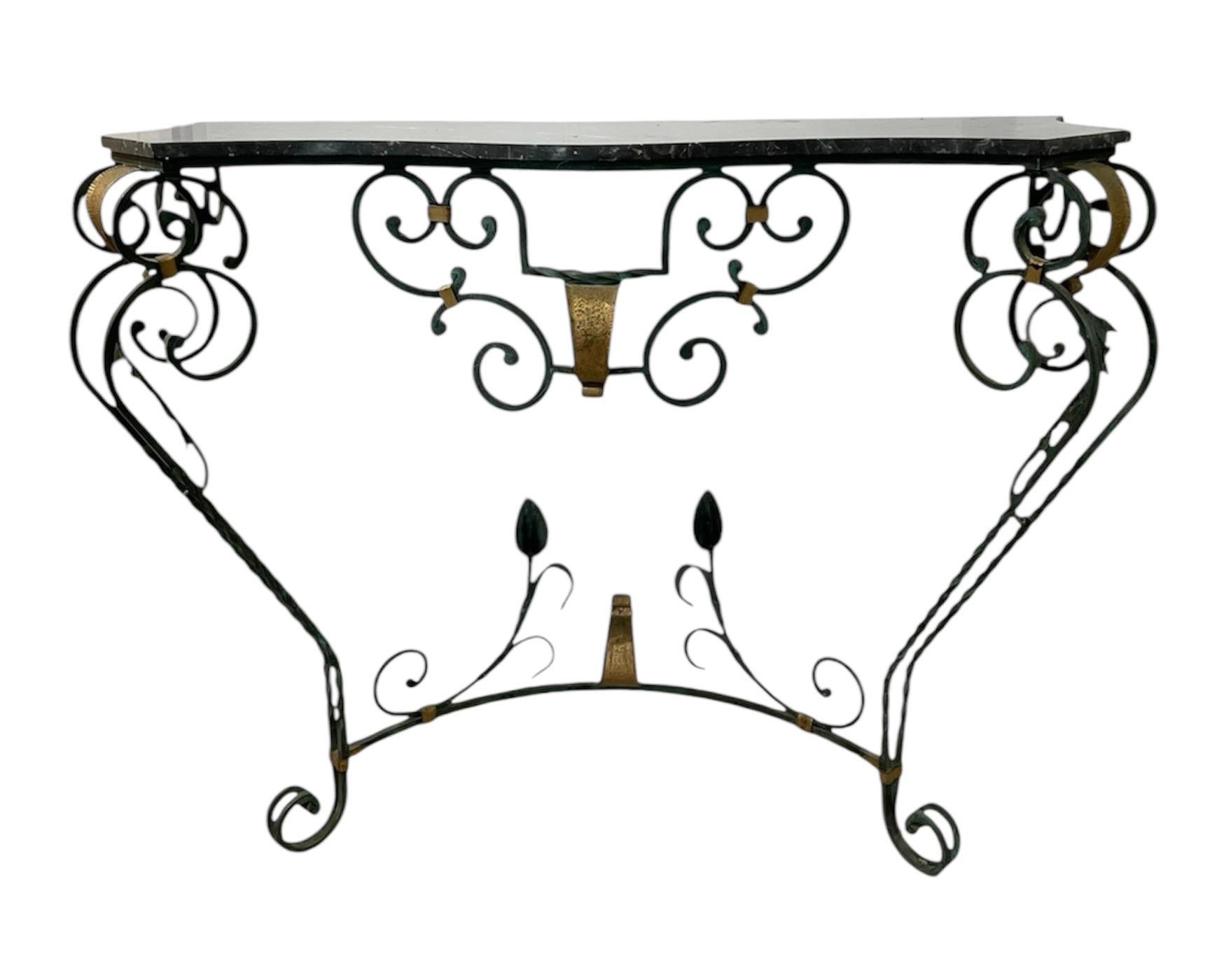 Cold-Painted French Art Deco Console table , Painted wrought iron , original marble top