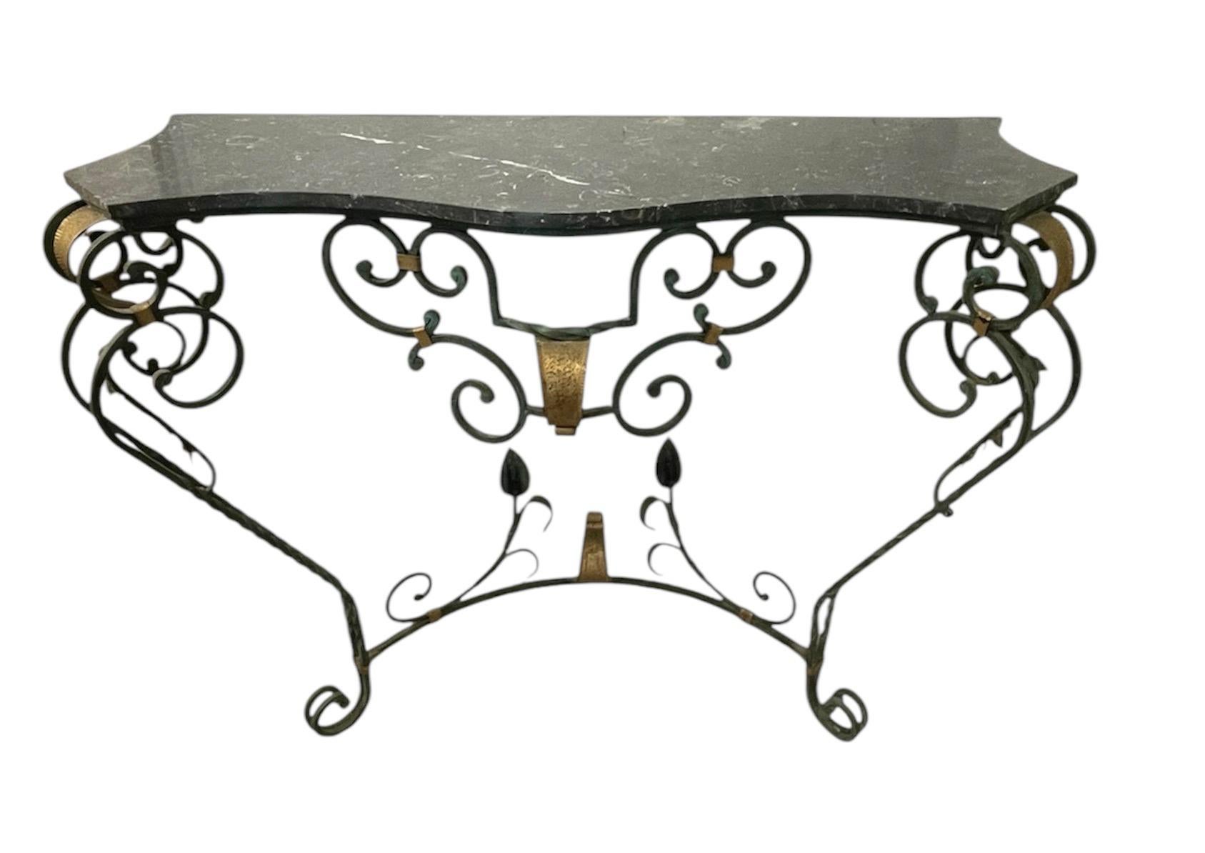 French Art Deco Console table , Painted wrought iron , original marble top In Good Condition In Oxford, GB