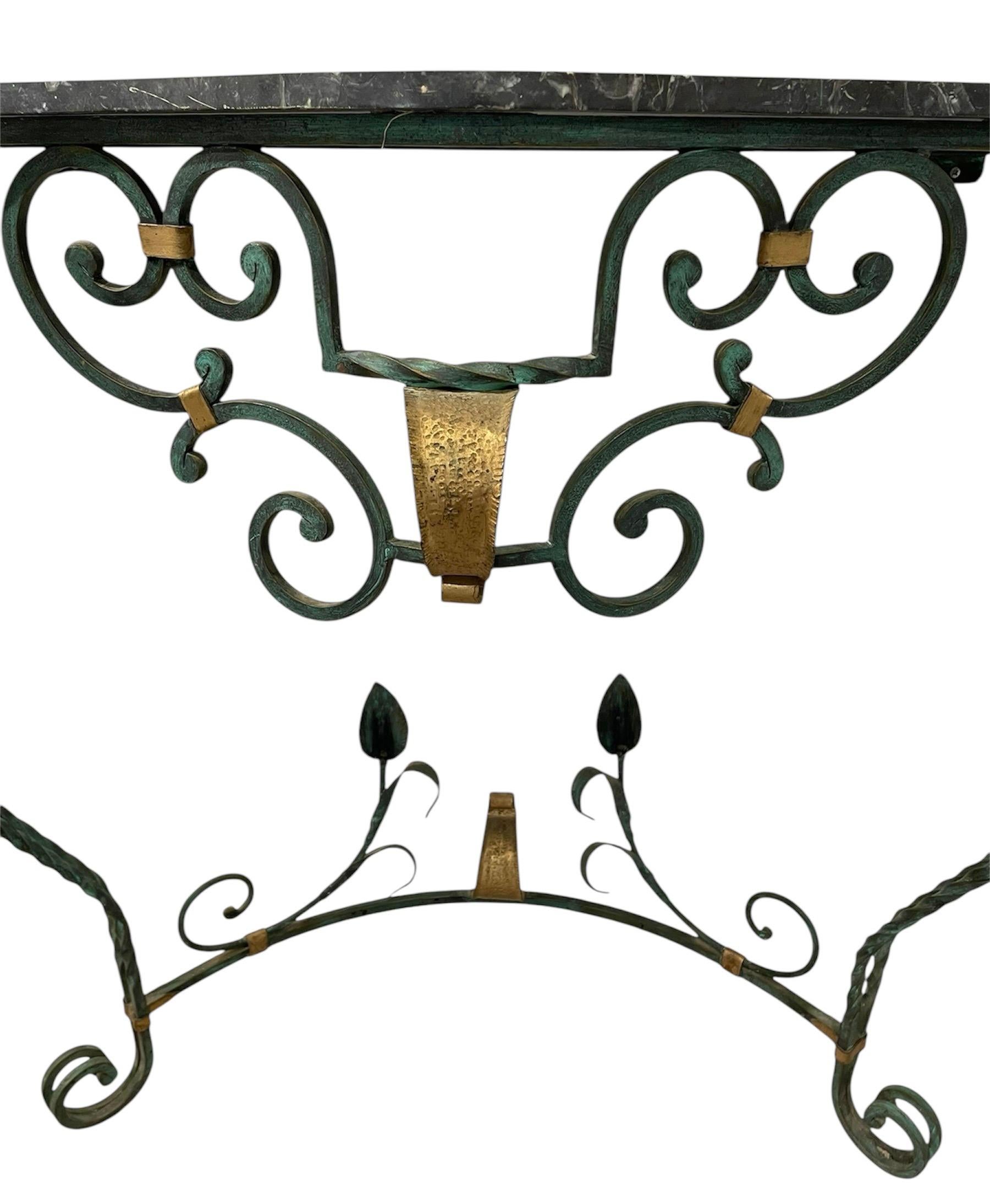 Metal French Art Deco Console table , Painted wrought iron , original marble top