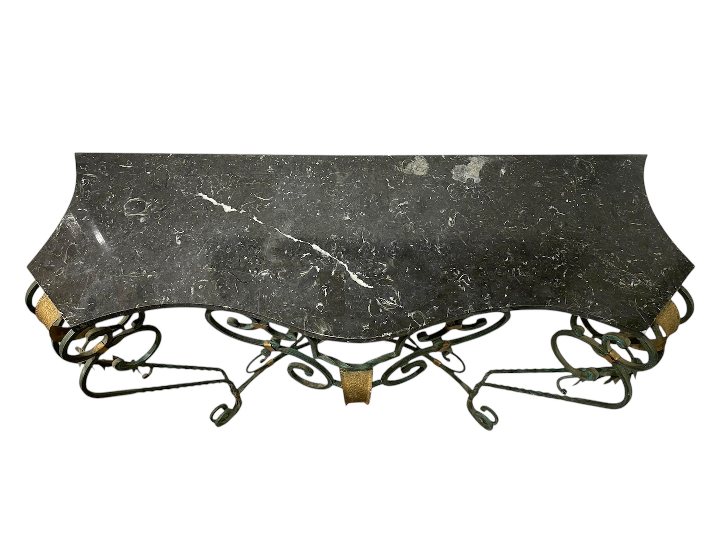 French Art Deco Console table , Painted wrought iron , original marble top 1