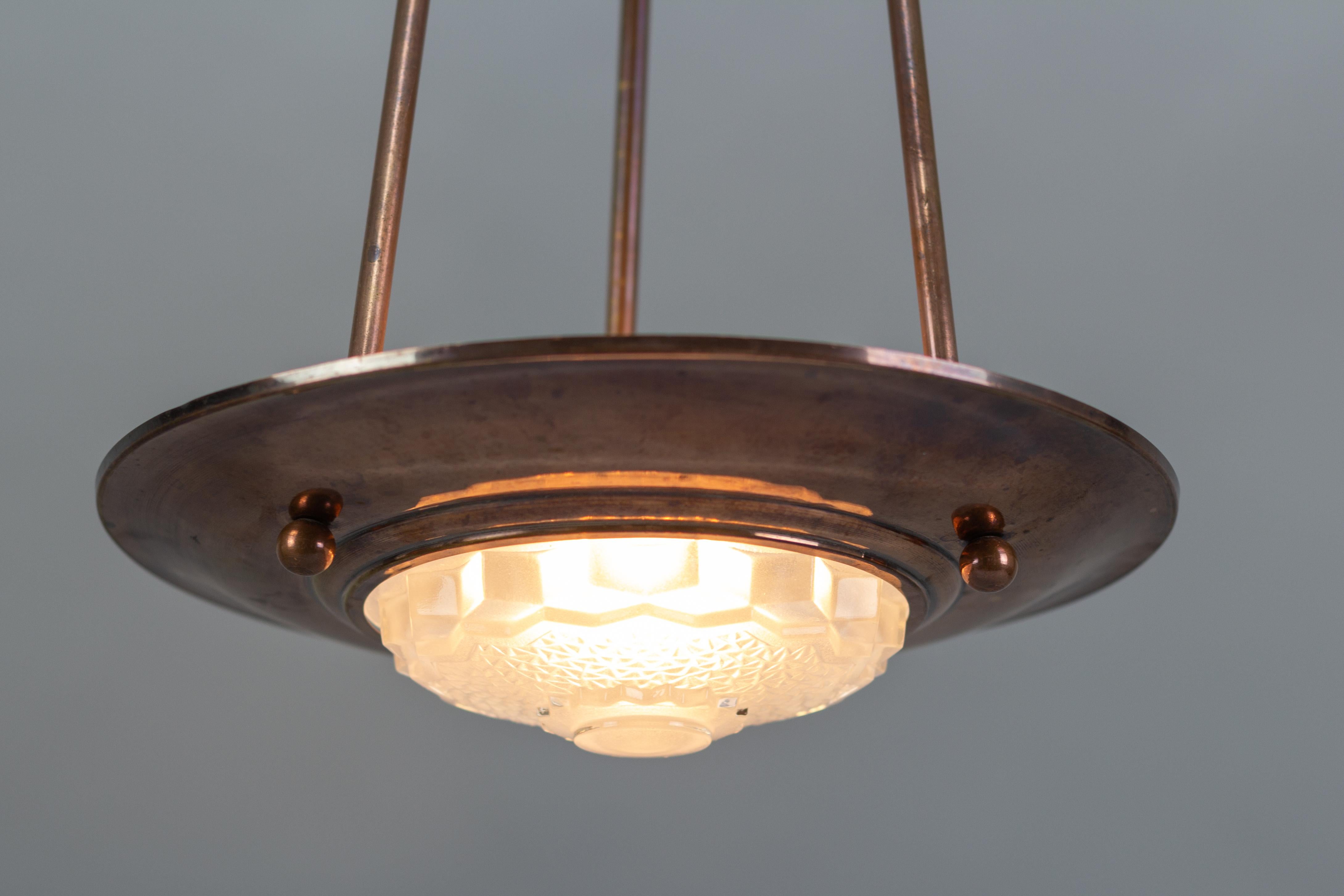 French Art Deco Copper and Frosted Glass Ezan Style Pendant Chandelier 6