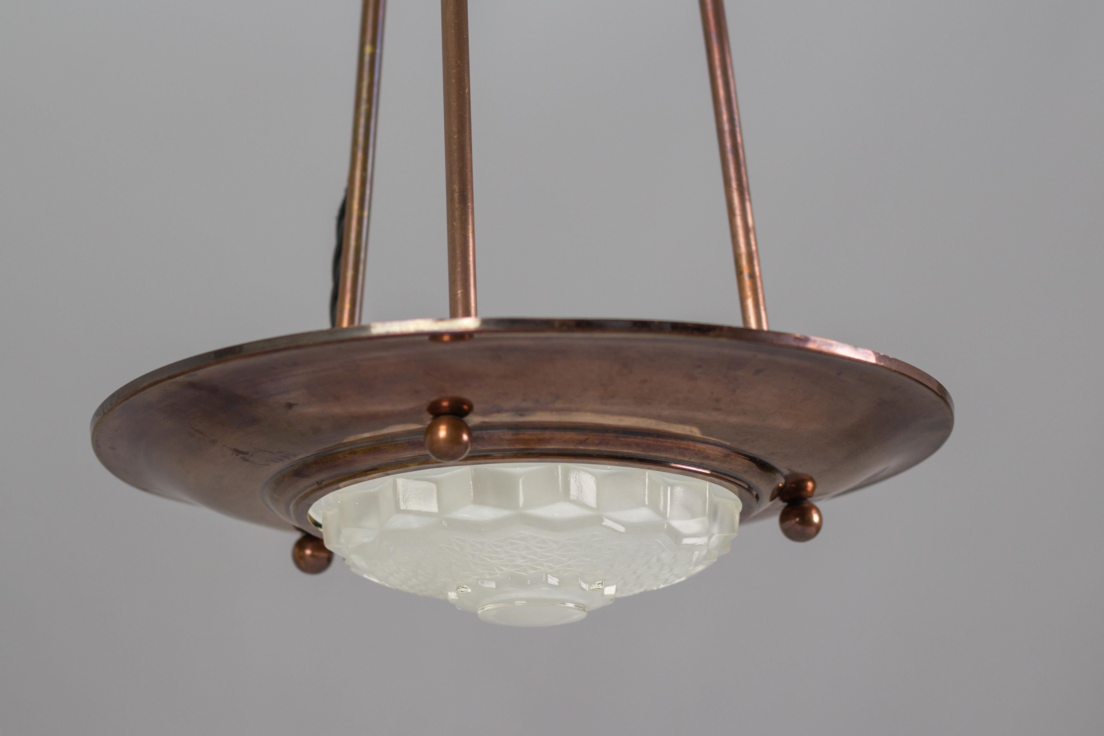 French Art Deco Copper and Frosted Glass Ezan Style Pendant Chandelier 7