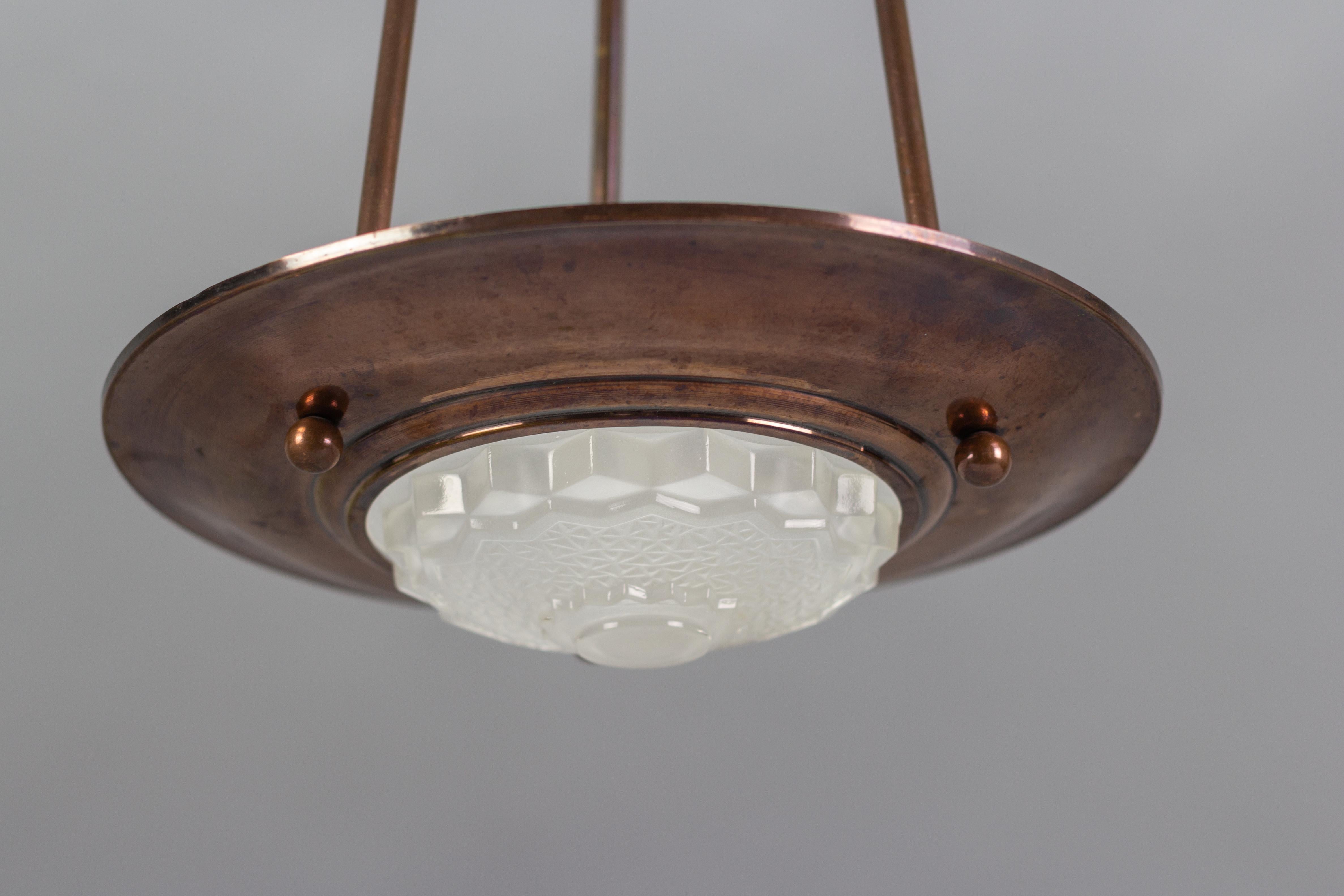 French Art Deco Copper and Frosted Glass Ezan Style Pendant Chandelier 8