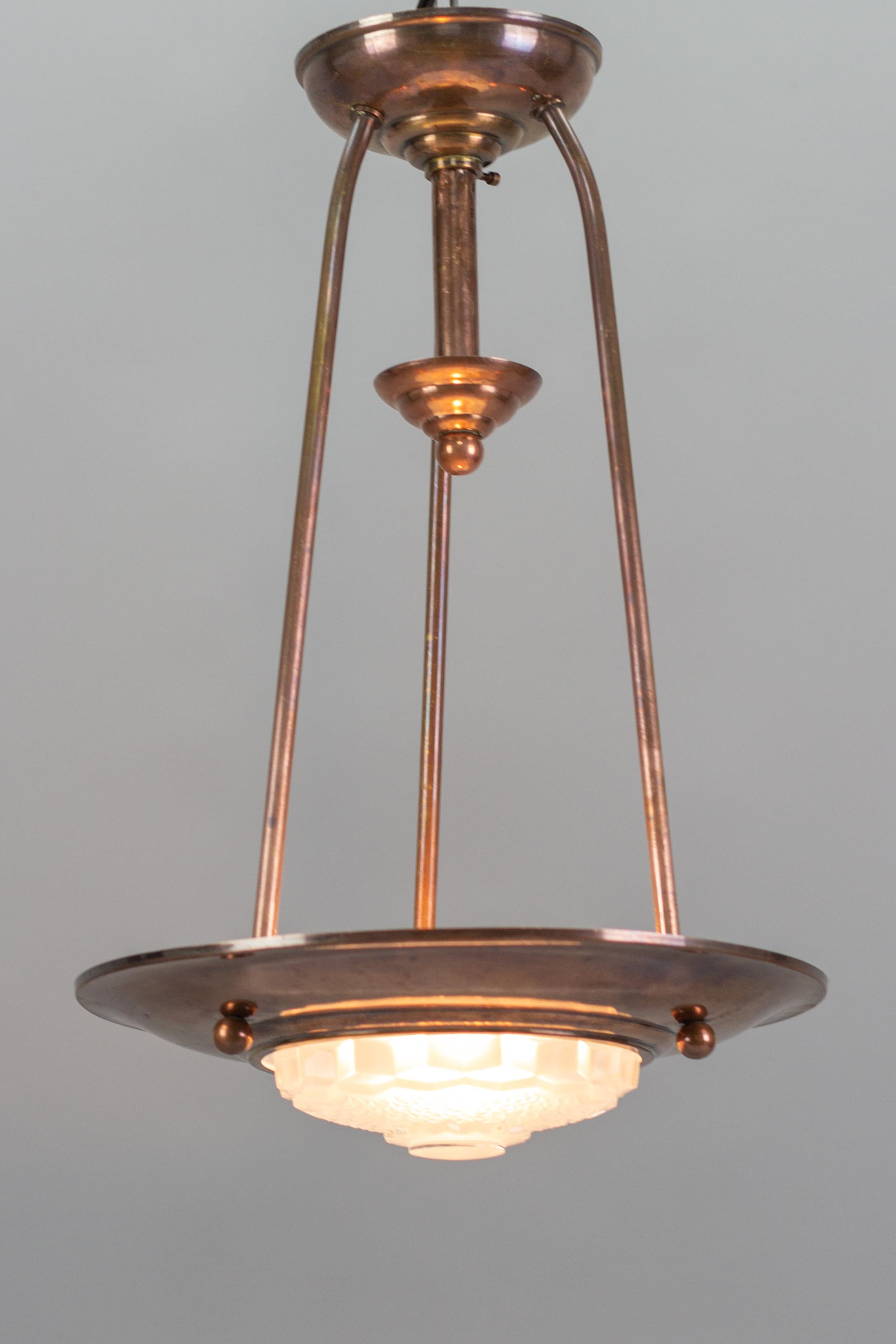 French Art Deco Copper and Frosted Glass Ezan Style Pendant Chandelier 15