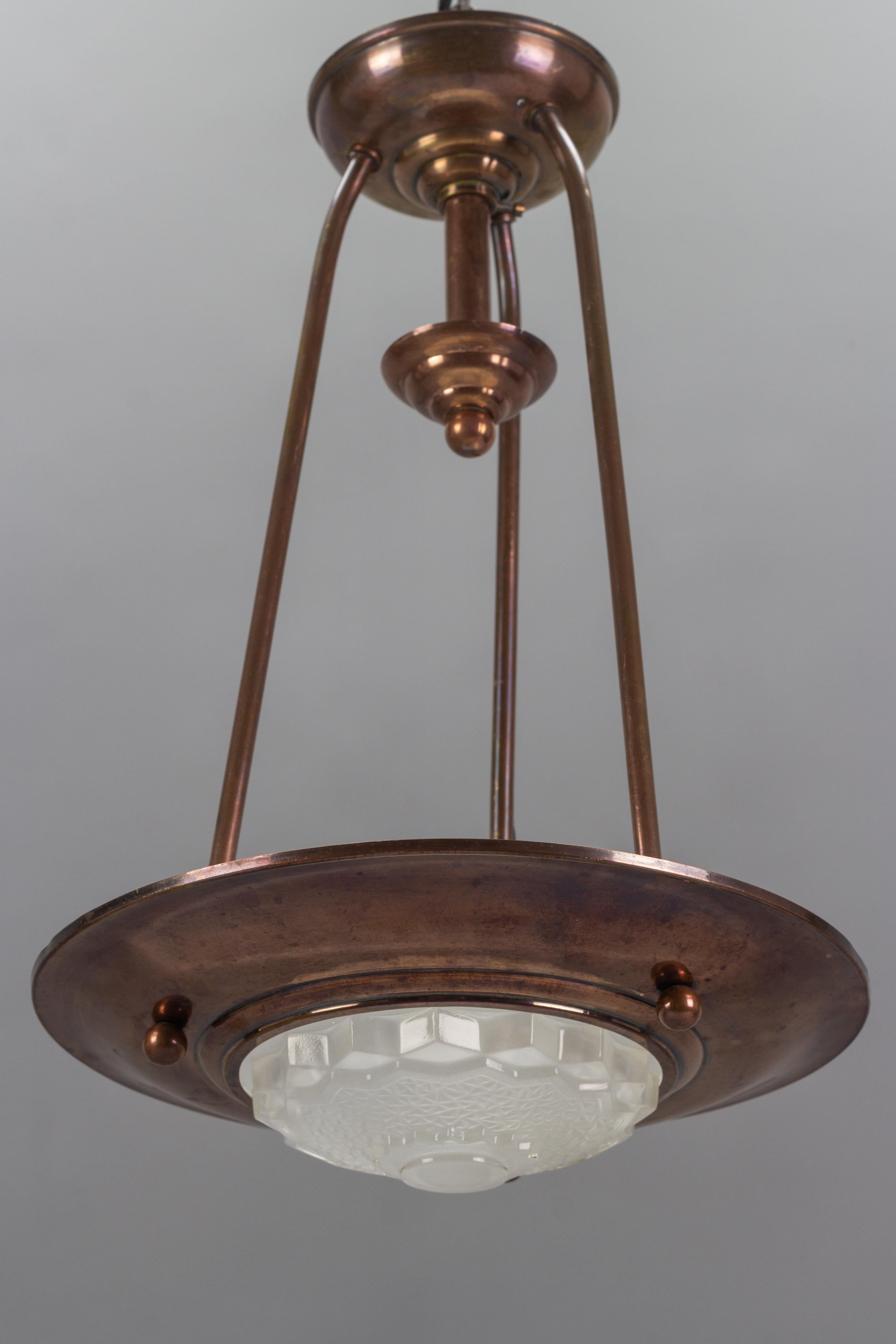 French Art Deco Copper and Frosted Glass Ezan Style Pendant Chandelier 16