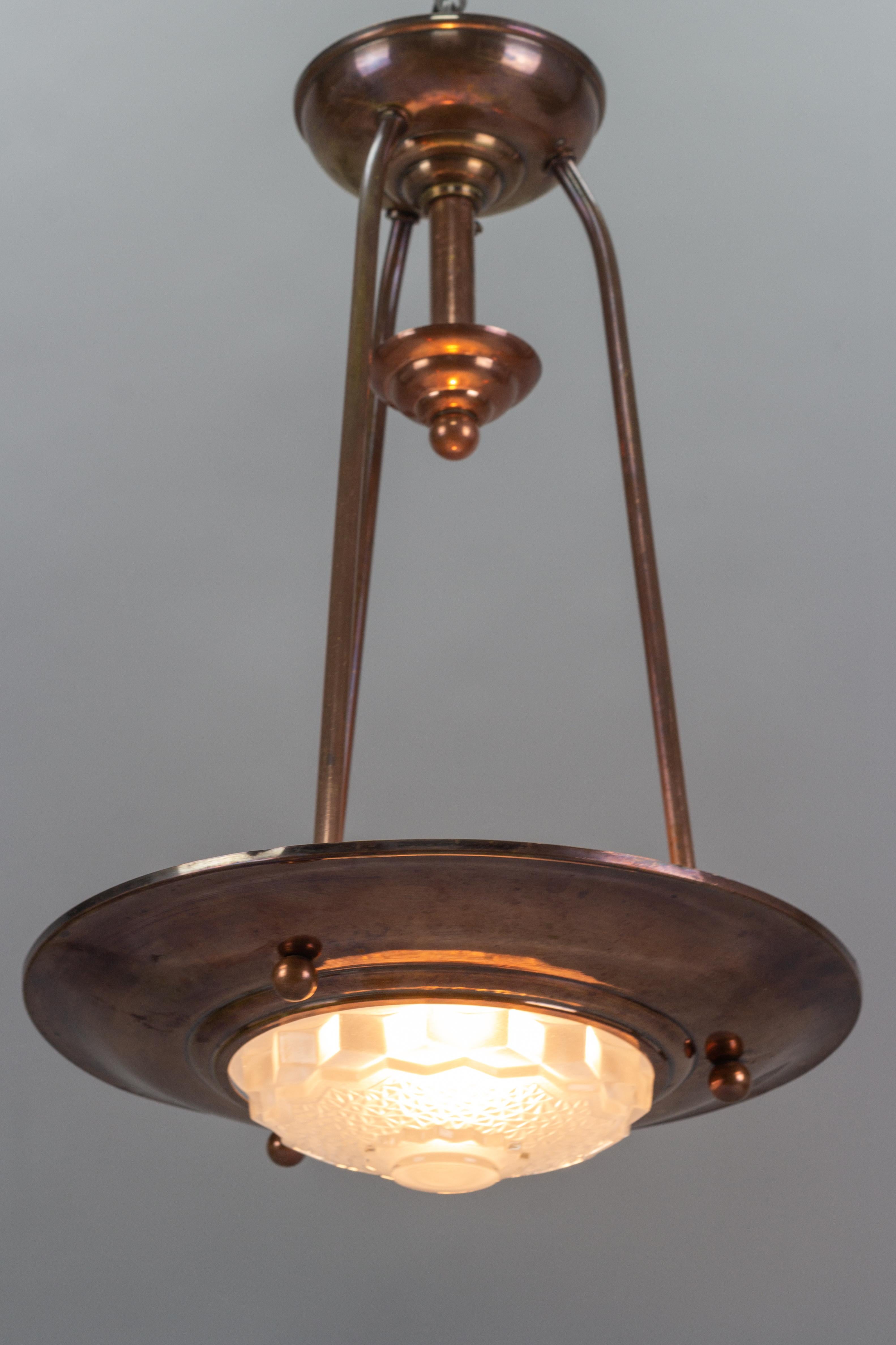 Mid-20th Century French Art Deco Copper and Frosted Glass Ezan Style Pendant Chandelier