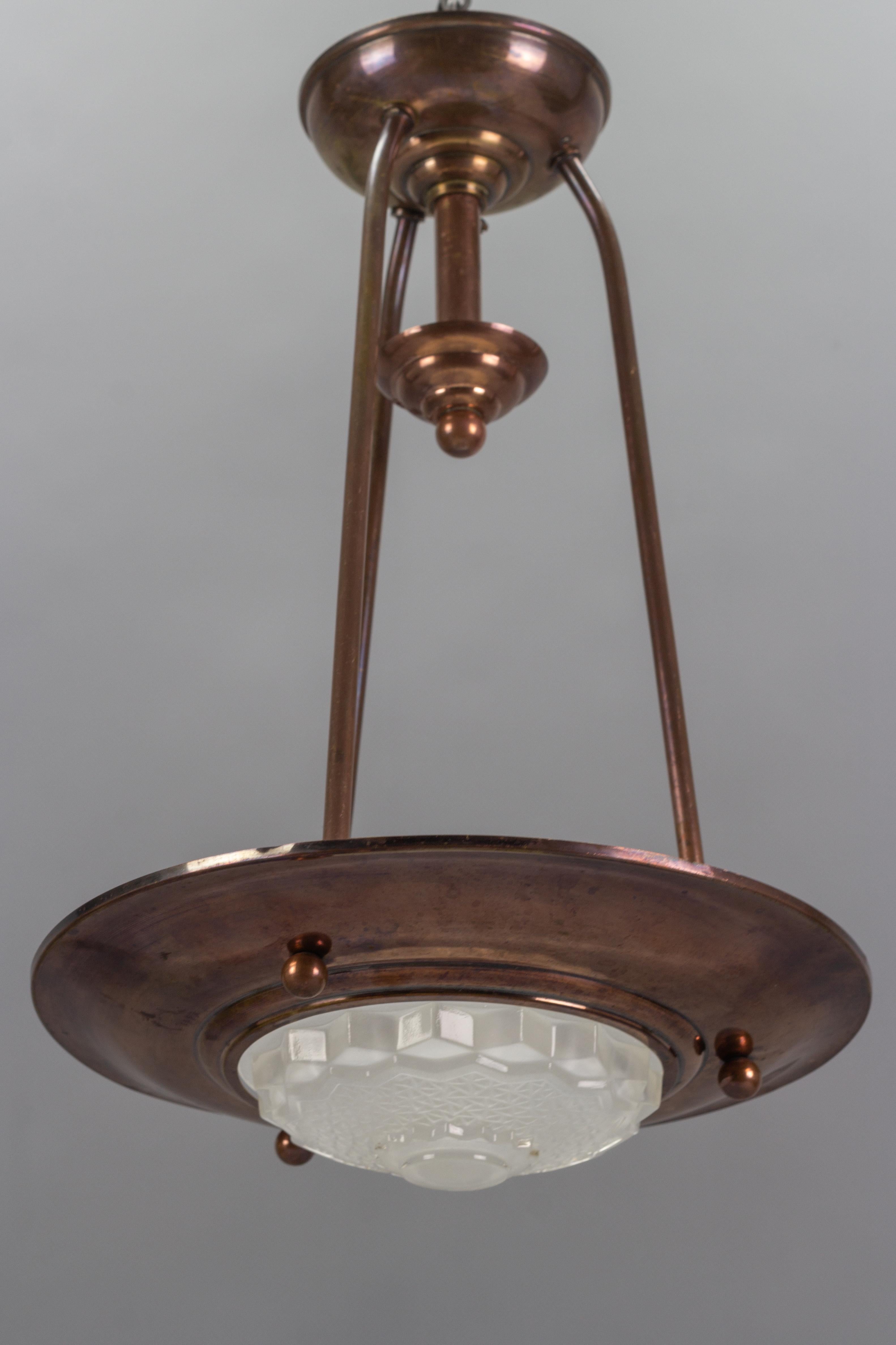 French Art Deco Copper and Frosted Glass Ezan Style Pendant Chandelier 1