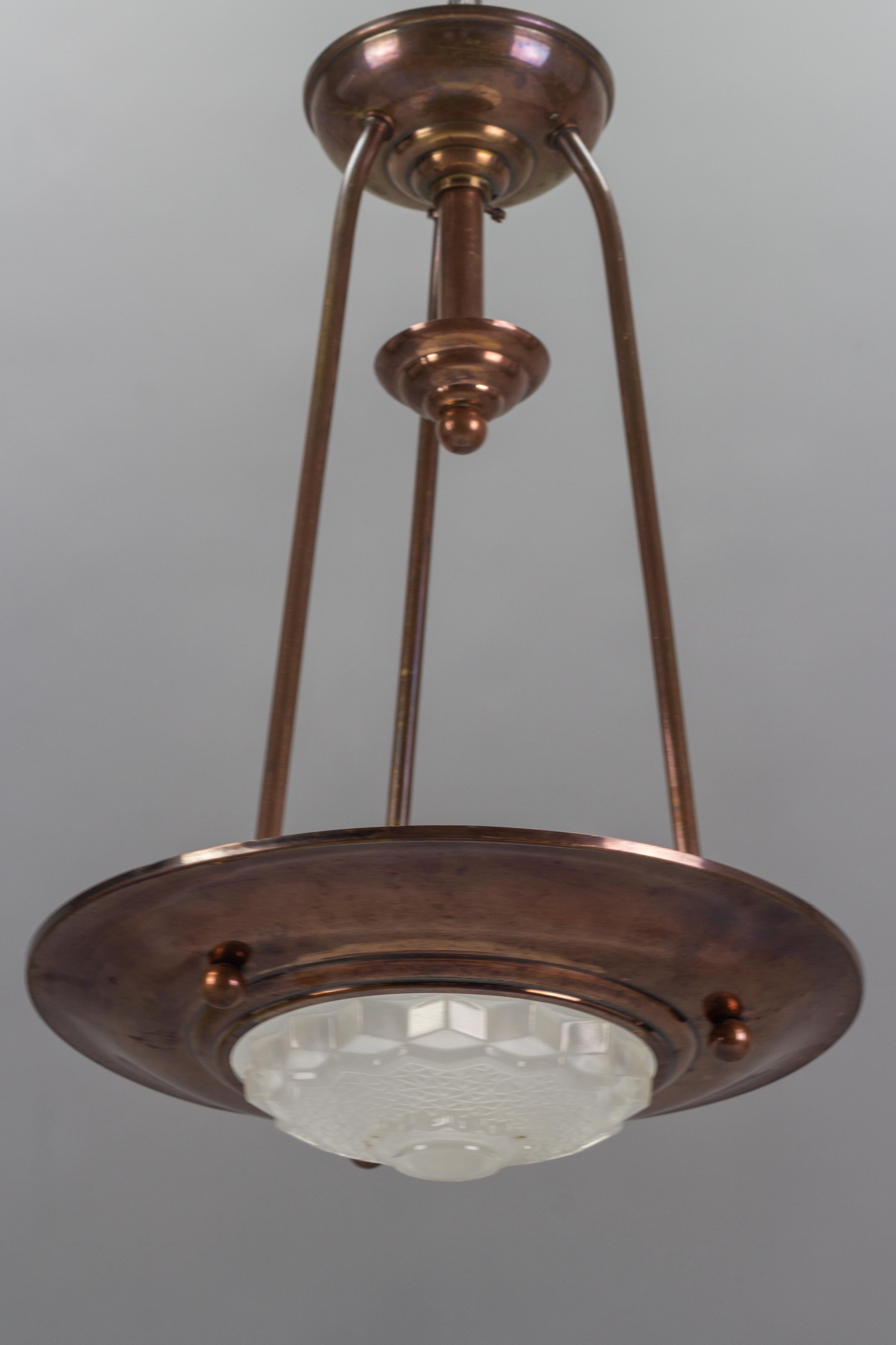 French Art Deco Copper and Frosted Glass Ezan Style Pendant Chandelier 2