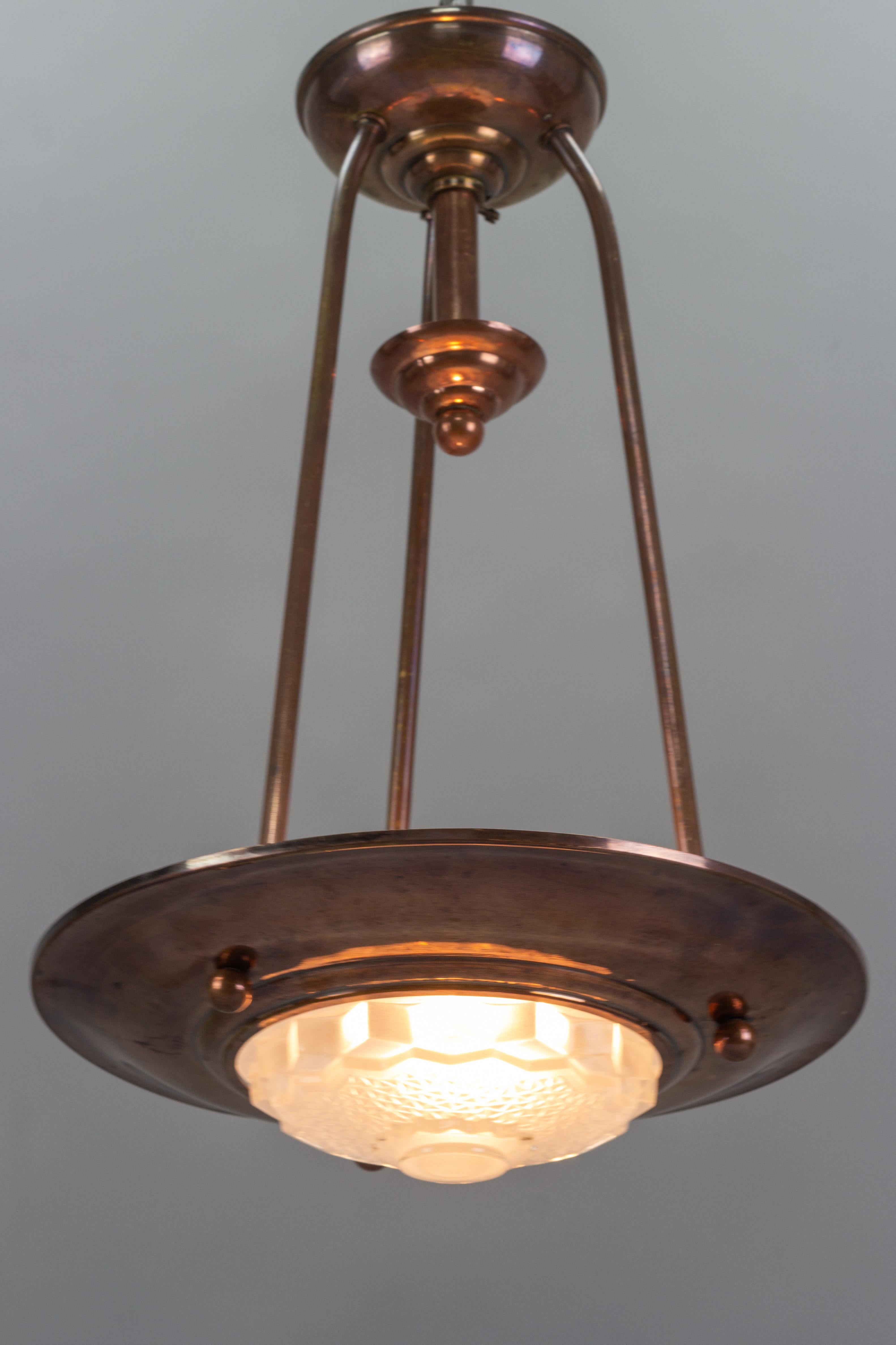 French Art Deco Copper and Frosted Glass Ezan Style Pendant Chandelier 3