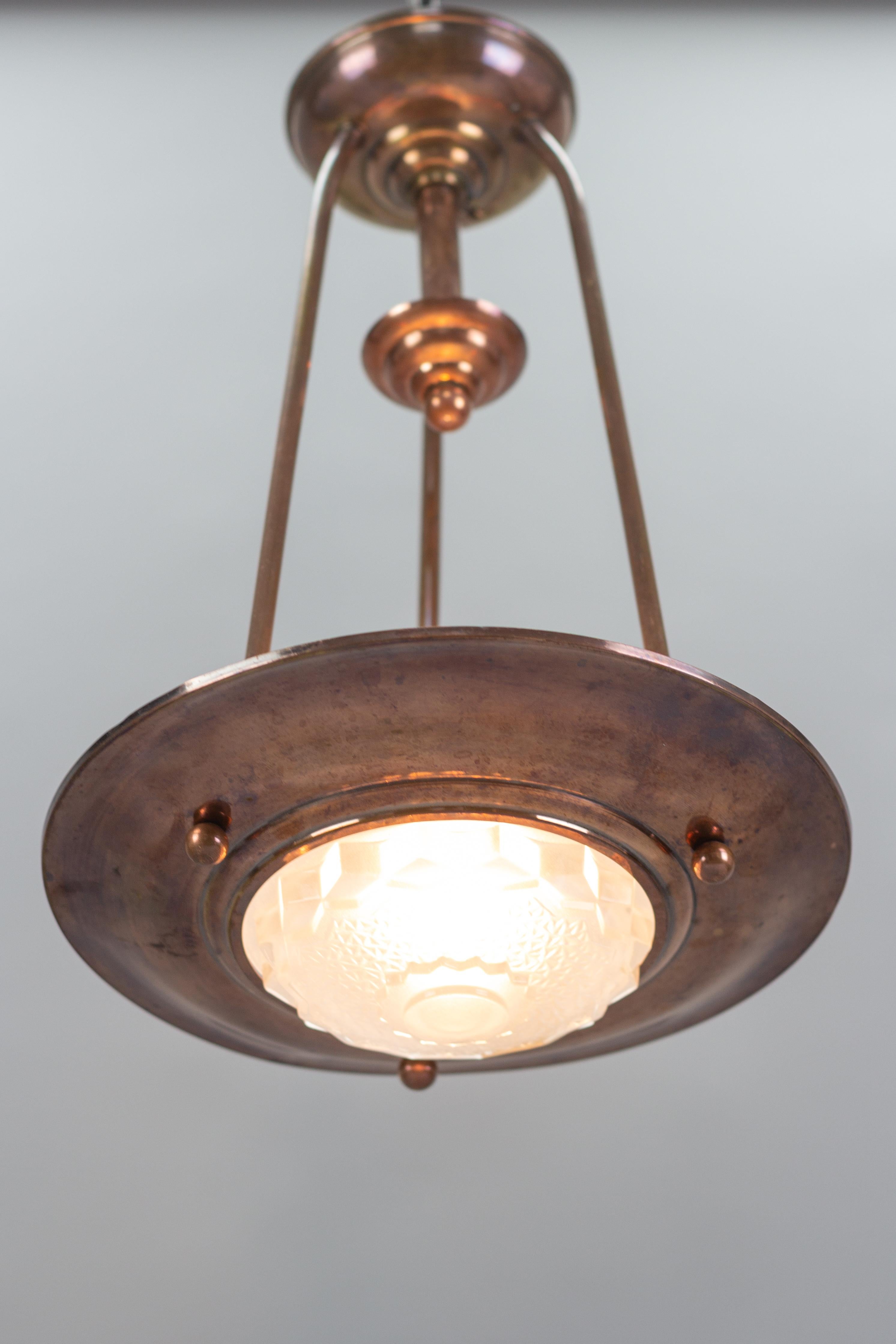 French Art Deco Copper and Frosted Glass Ezan Style Pendant Chandelier 4