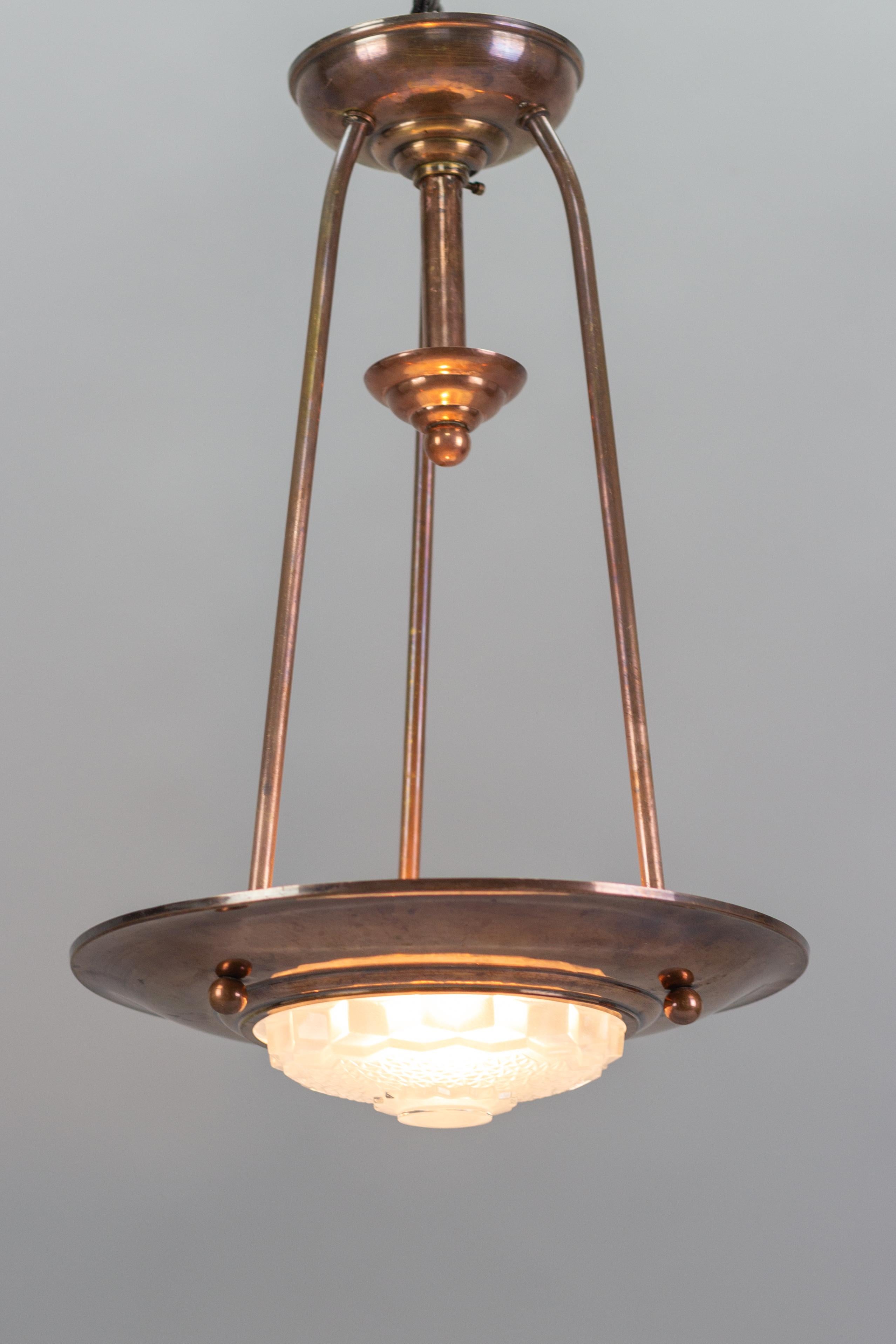 French Art Deco Copper and Frosted Glass Ezan Style Pendant Chandelier 5