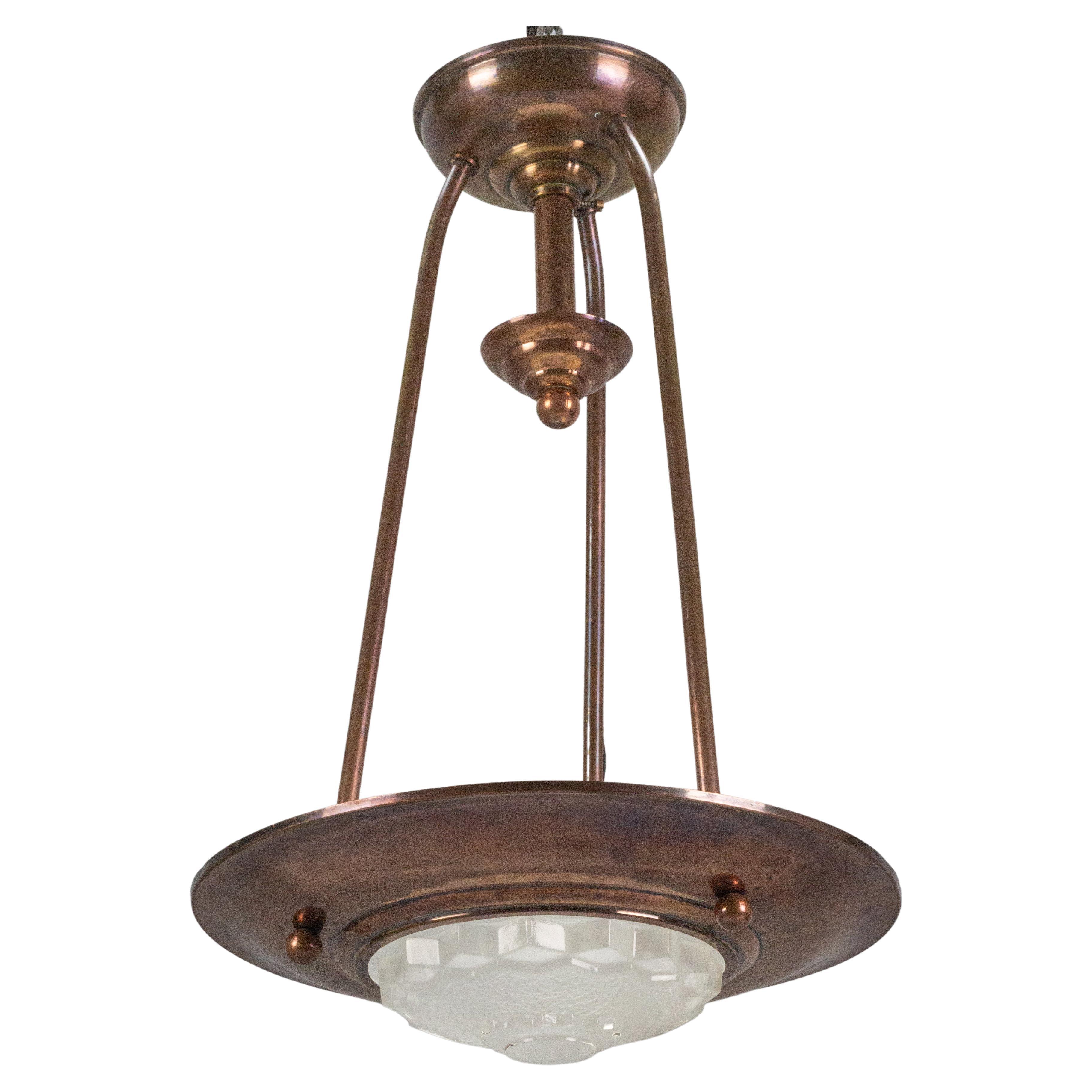 French Art Deco Copper and Frosted Glass Ezan Style Pendant Chandelier