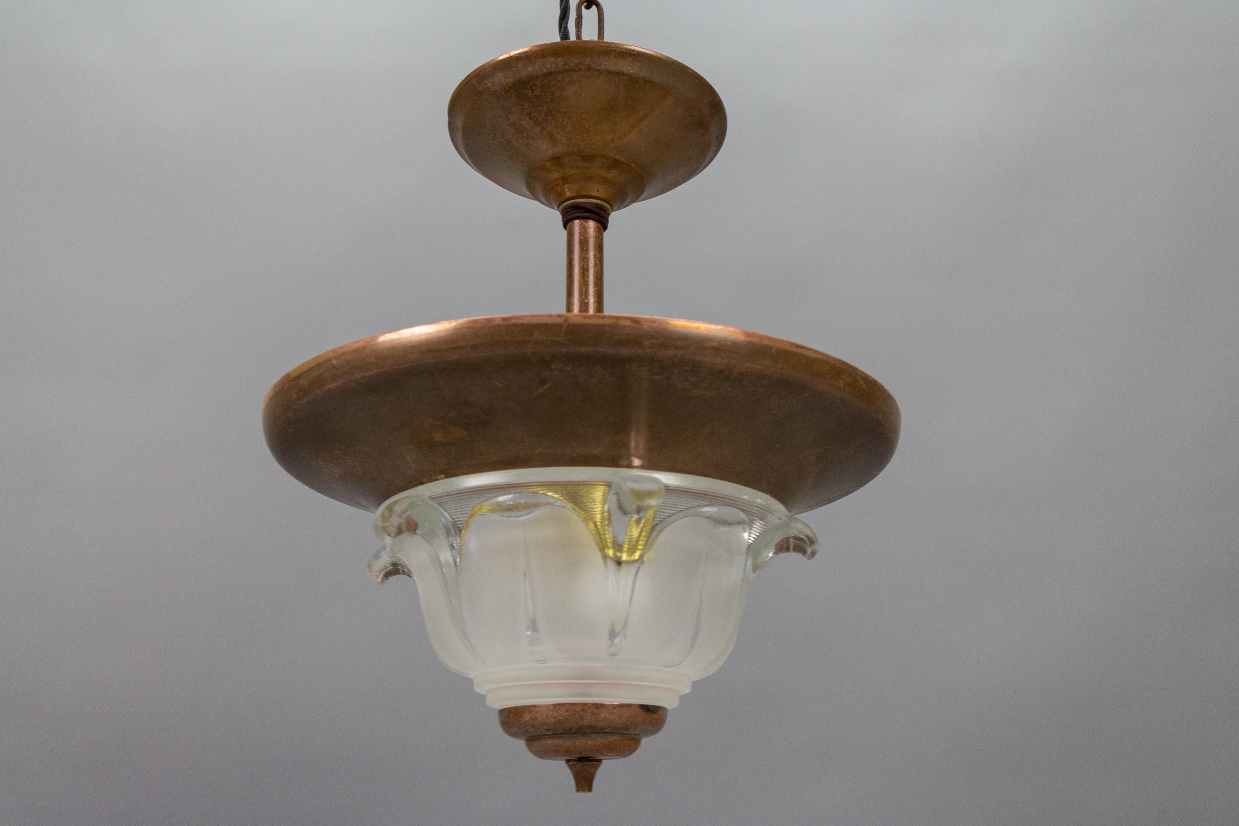 French Art Deco Copper and Frosted Glass Pendant Light, 1930s 7