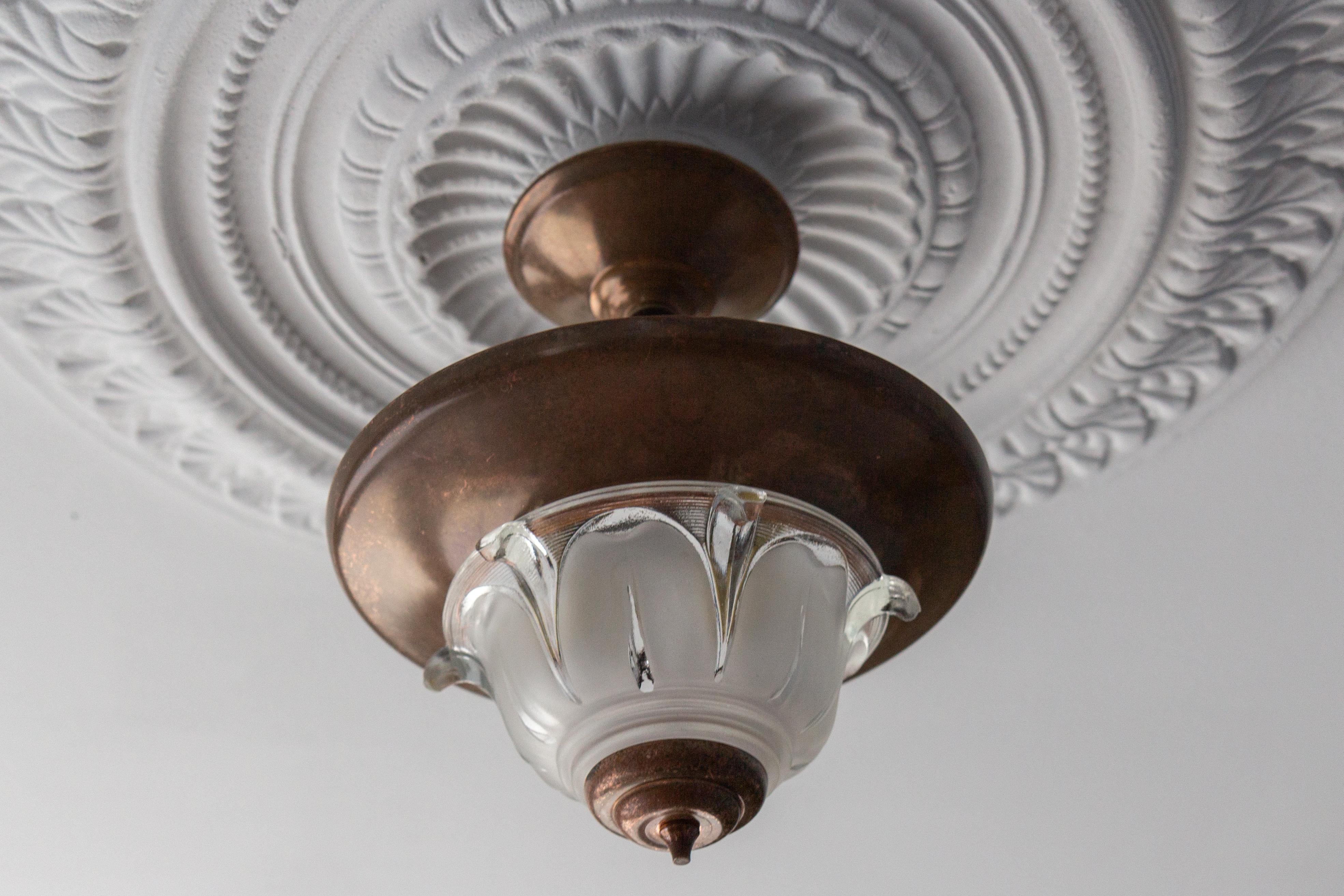 French Art Deco Copper and Frosted Glass Pendant Light, 1930s 2