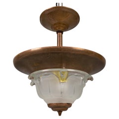 Vintage French Art Deco Copper and Frosted Glass Pendant Light, 1930s