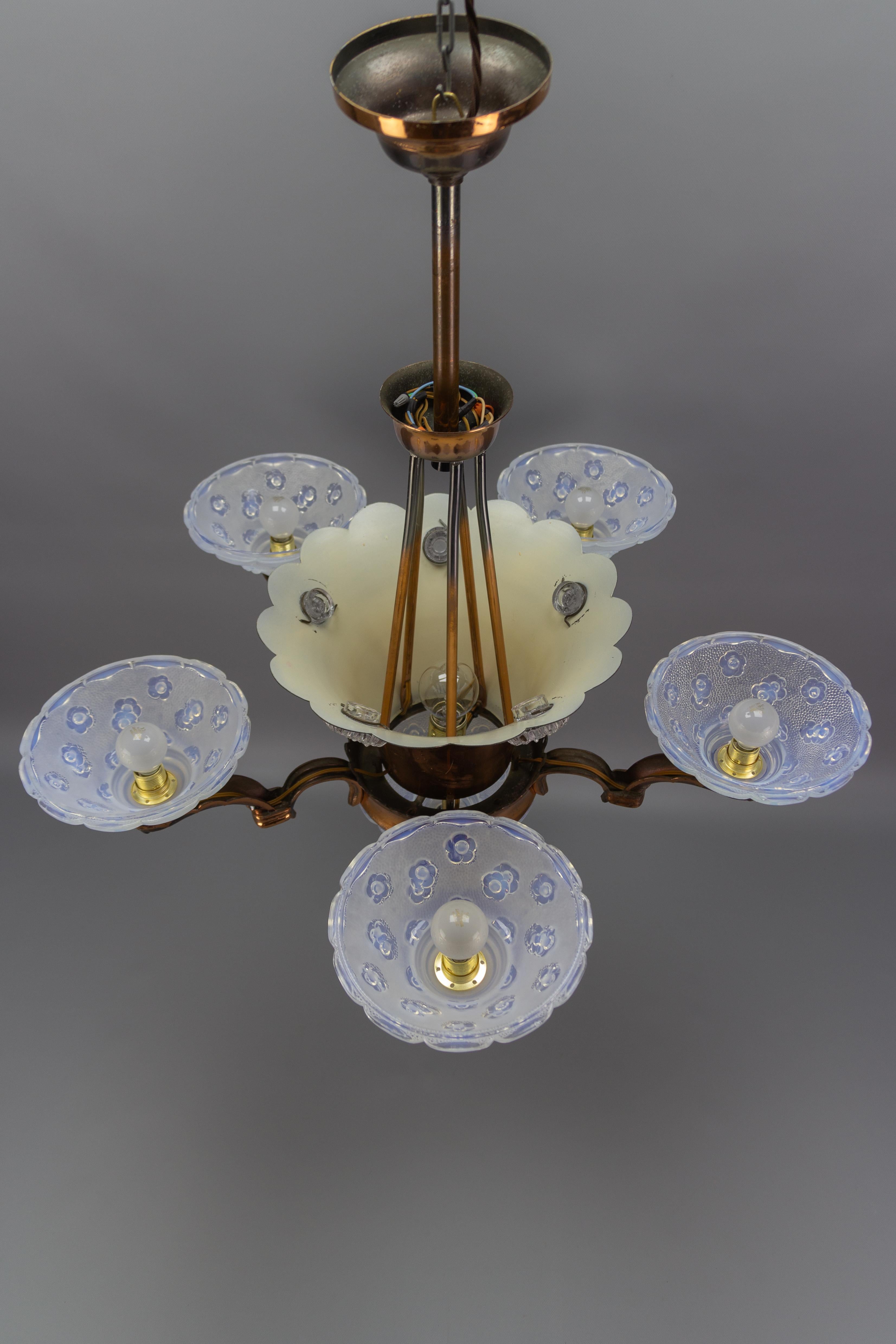 French Art Deco Copper and Opalescent Glass Floral Chandelier by Ezan, 1930s 9