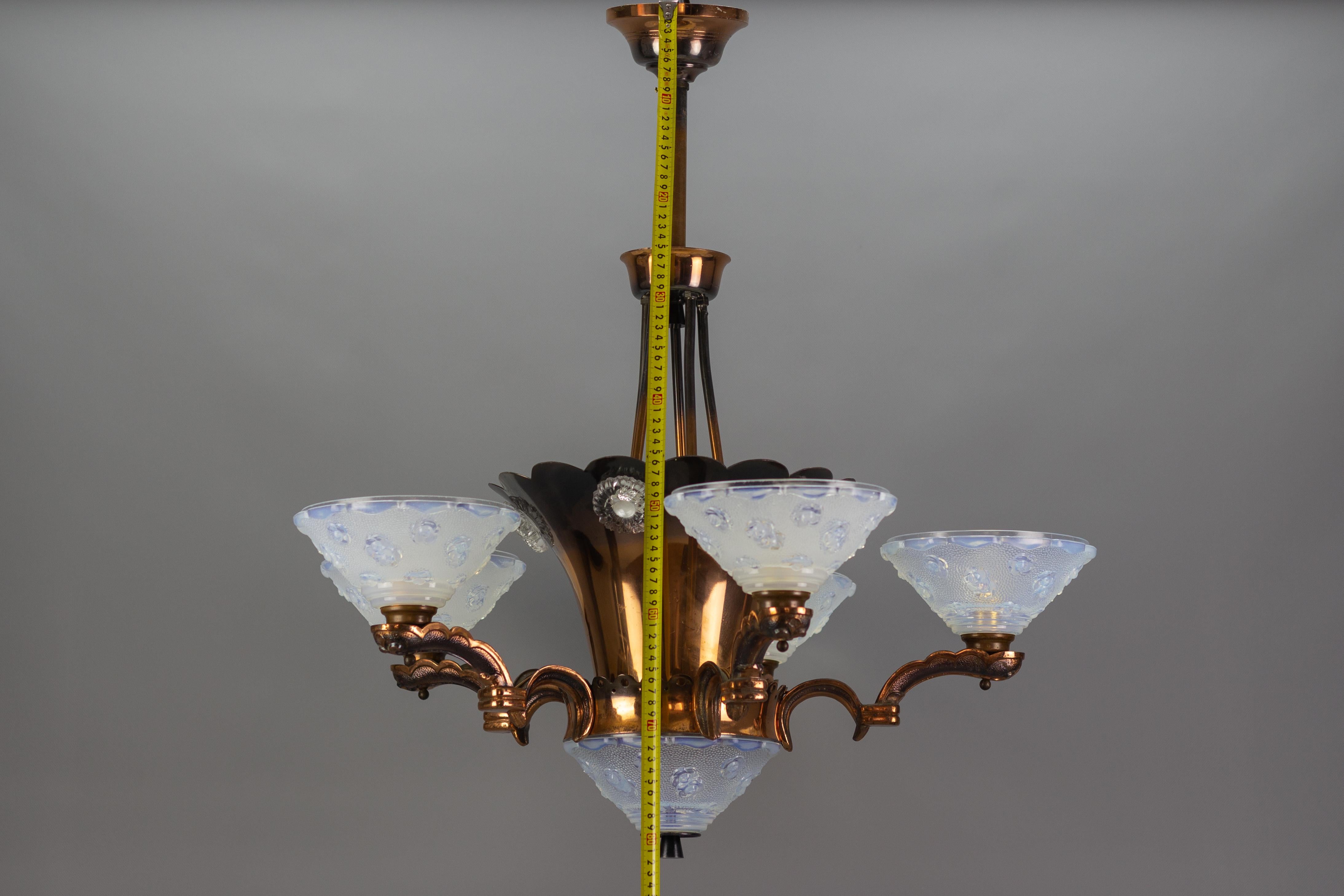 French Art Deco Copper and Opalescent Glass Floral Chandelier by Ezan, 1930s 15