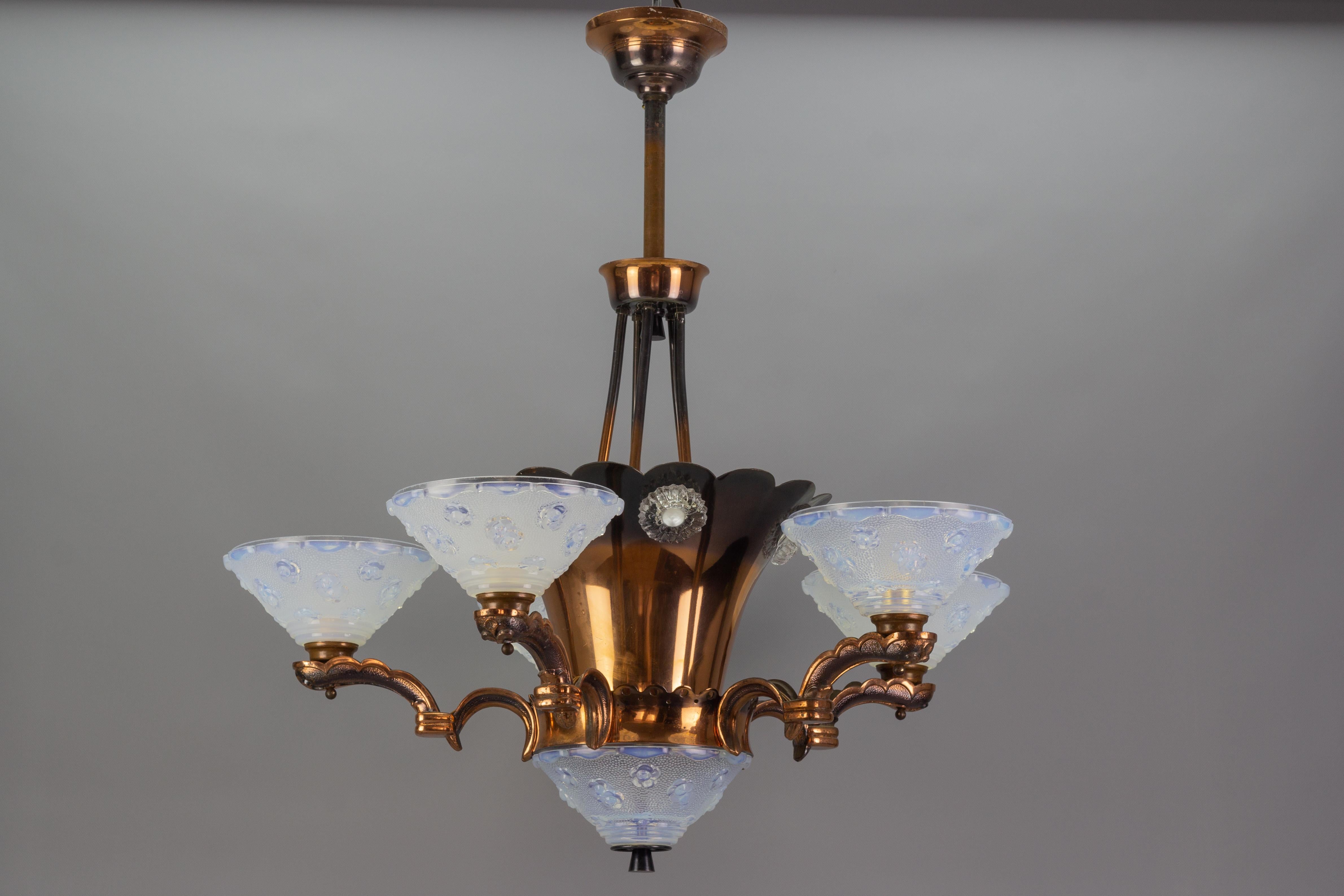 French Art Deco Copper and Opalescent Glass Floral Chandelier by Ezan, 1930s 16