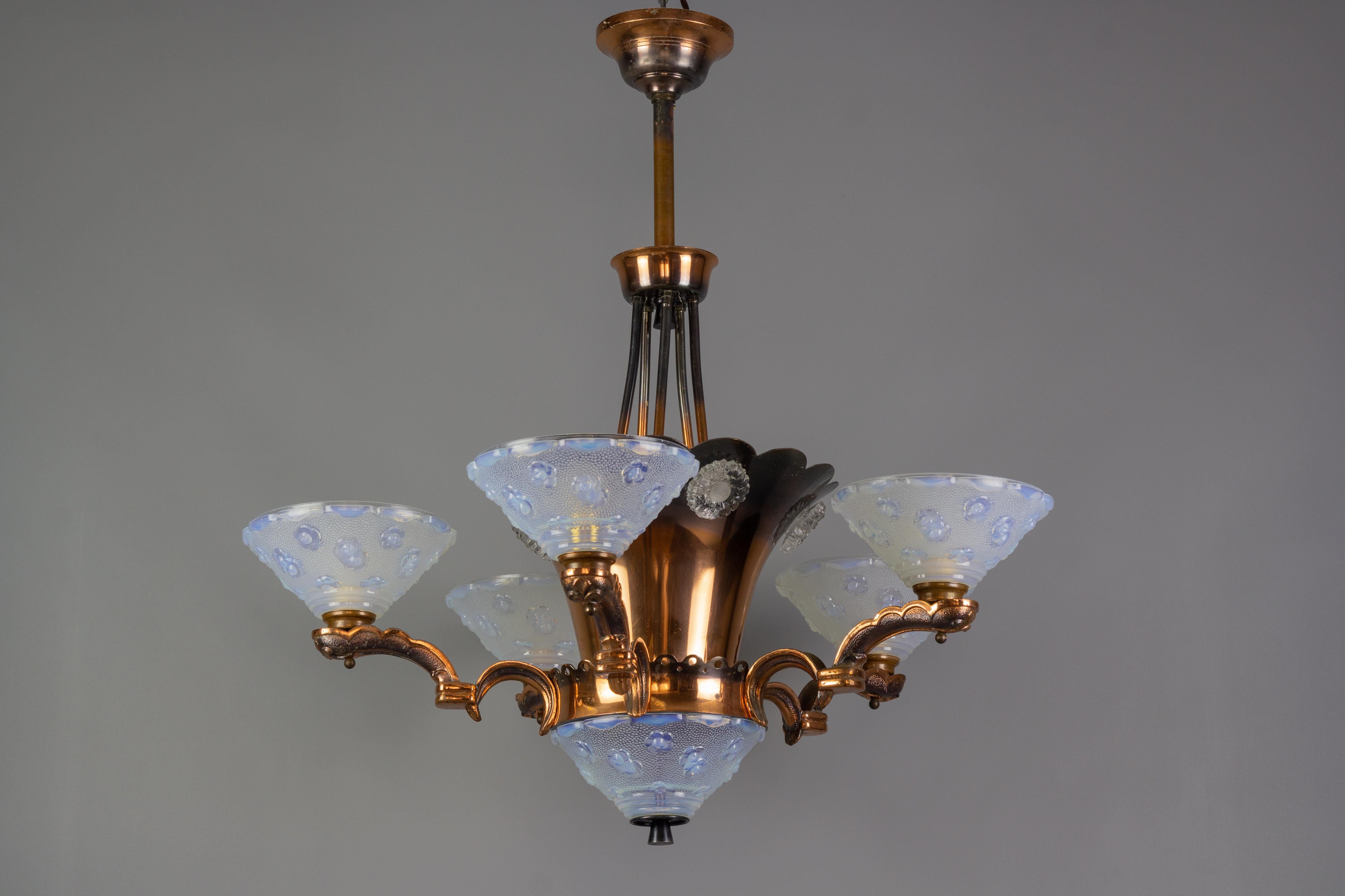 French Art Deco Copper and Opalescent Glass Floral Chandelier by Ezan, 1930s 1