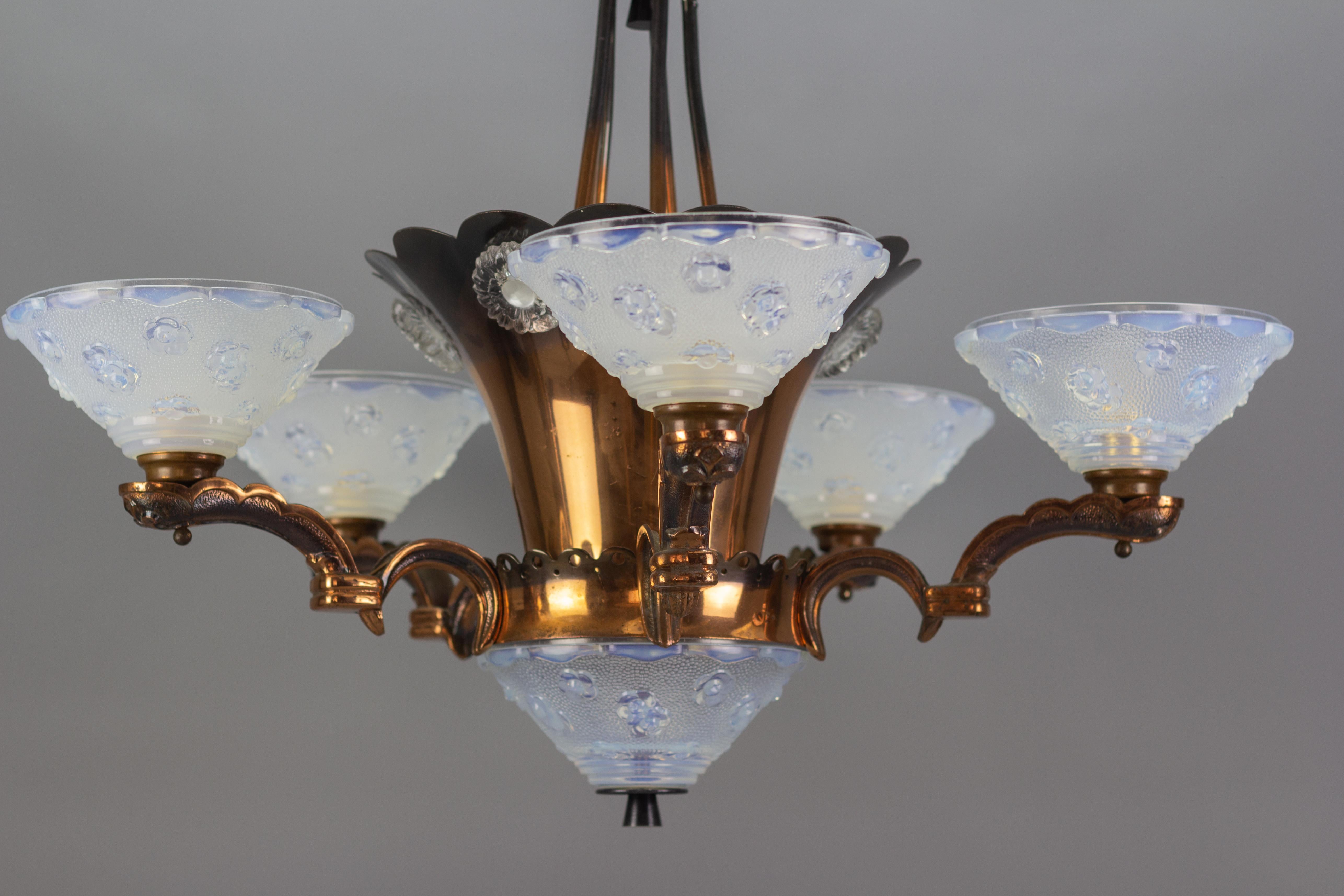 French Art Deco Copper and Opalescent Glass Floral Chandelier by Ezan, 1930s 2