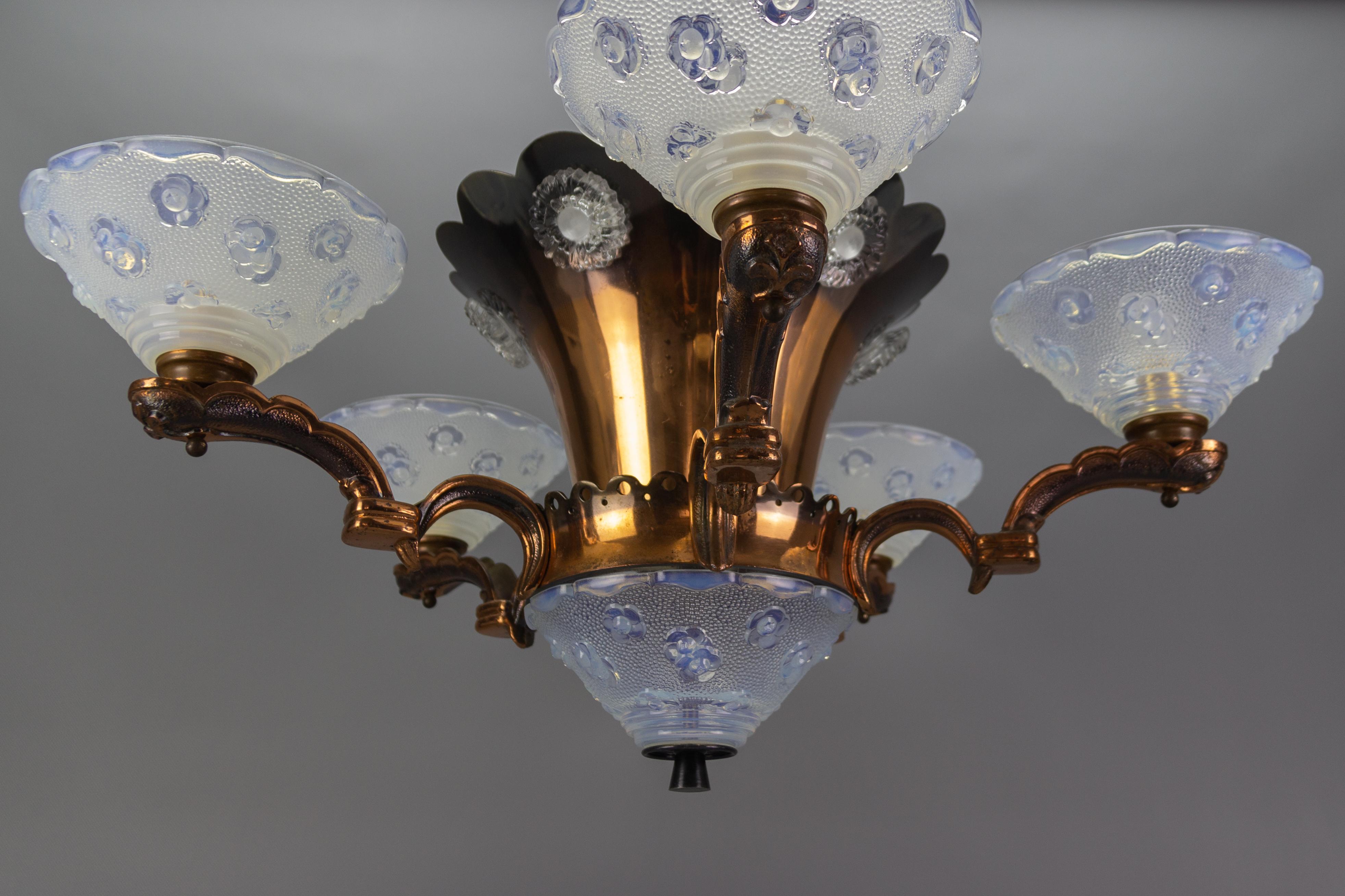 French Art Deco Copper and Opalescent Glass Floral Chandelier by Ezan, 1930s 3