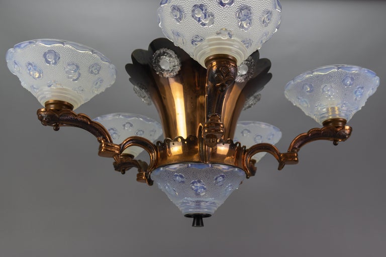 French Art Deco Copper and Opalescent Glass Floral Chandelier by Ezan, 1930s For Sale 3