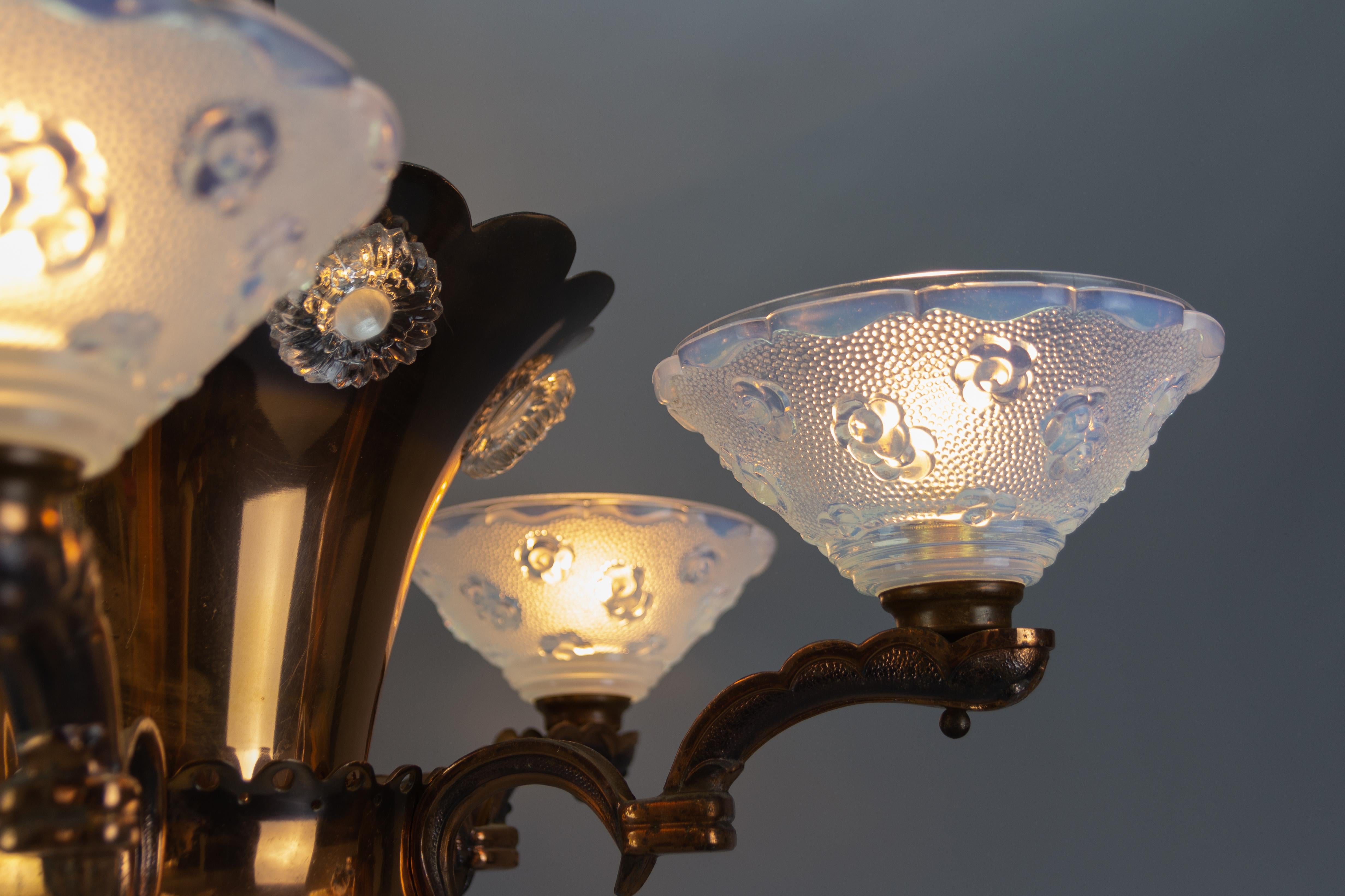 French Art Deco Copper and Opalescent Glass Floral Chandelier by Ezan, 1930s 5