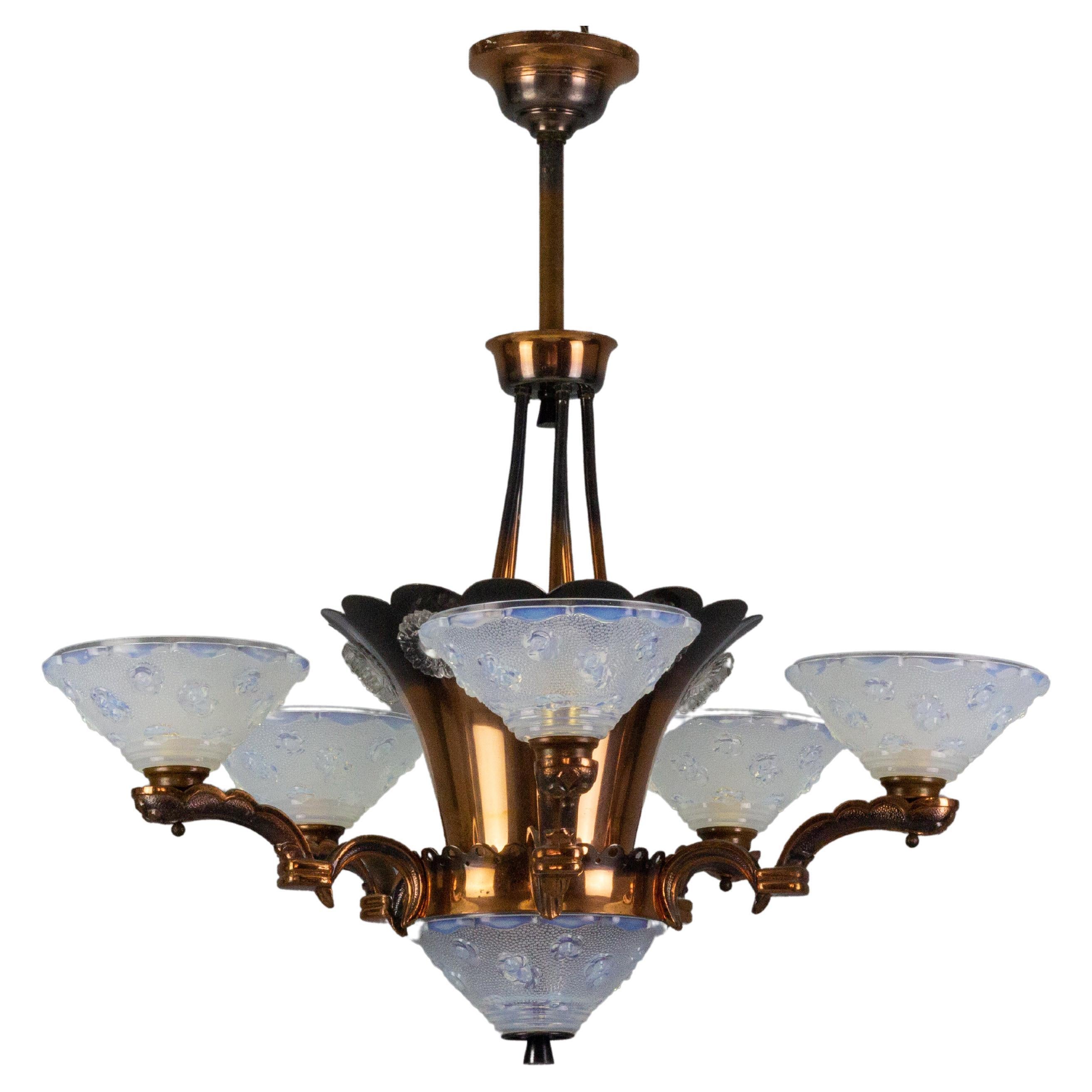 French Art Deco Copper and Opalescent Glass Floral Chandelier by Ezan, 1930s