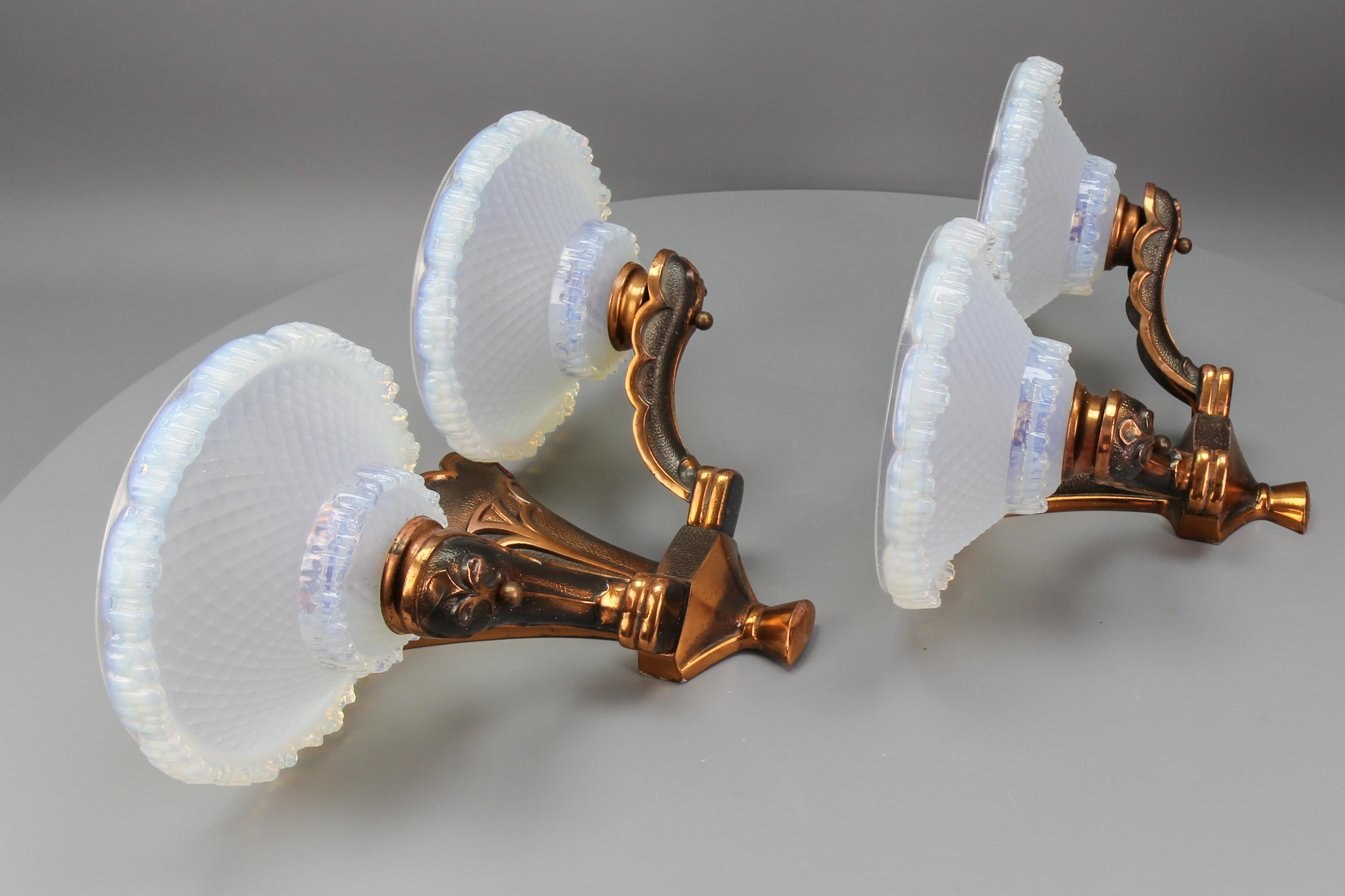 French Art Deco Copper and Opalescent Glass Sconces by Ezan, Set of Two For Sale 7