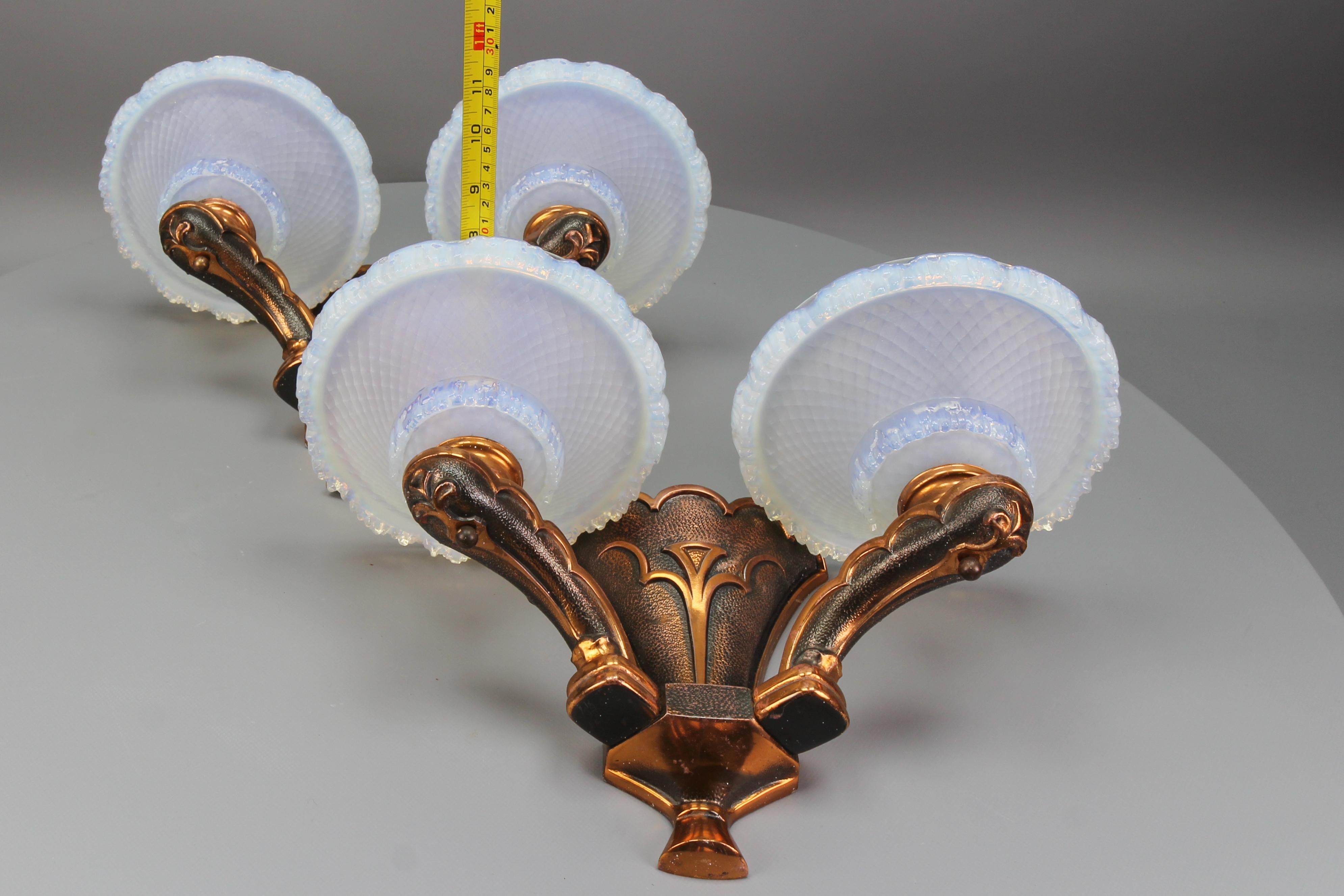 French Art Deco Copper and Opalescent Glass Sconces by Ezan, Set of Two For Sale 9