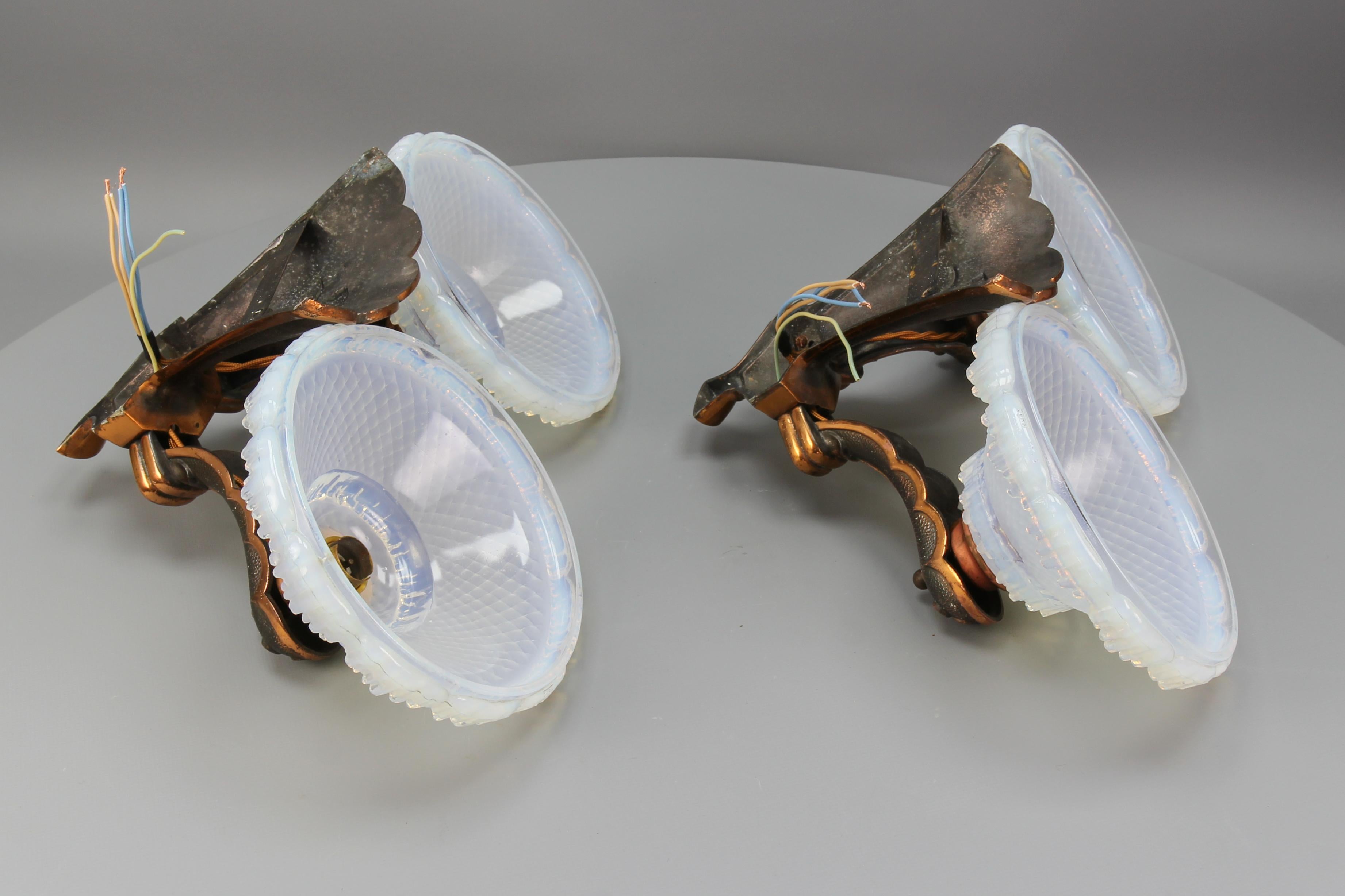 French Art Deco Copper and Opalescent Glass Sconces by Ezan, Set of Two For Sale 16