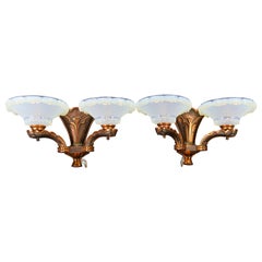 Applique francesi Art Deco in rame e vetro opalescente di Ezan, set di due