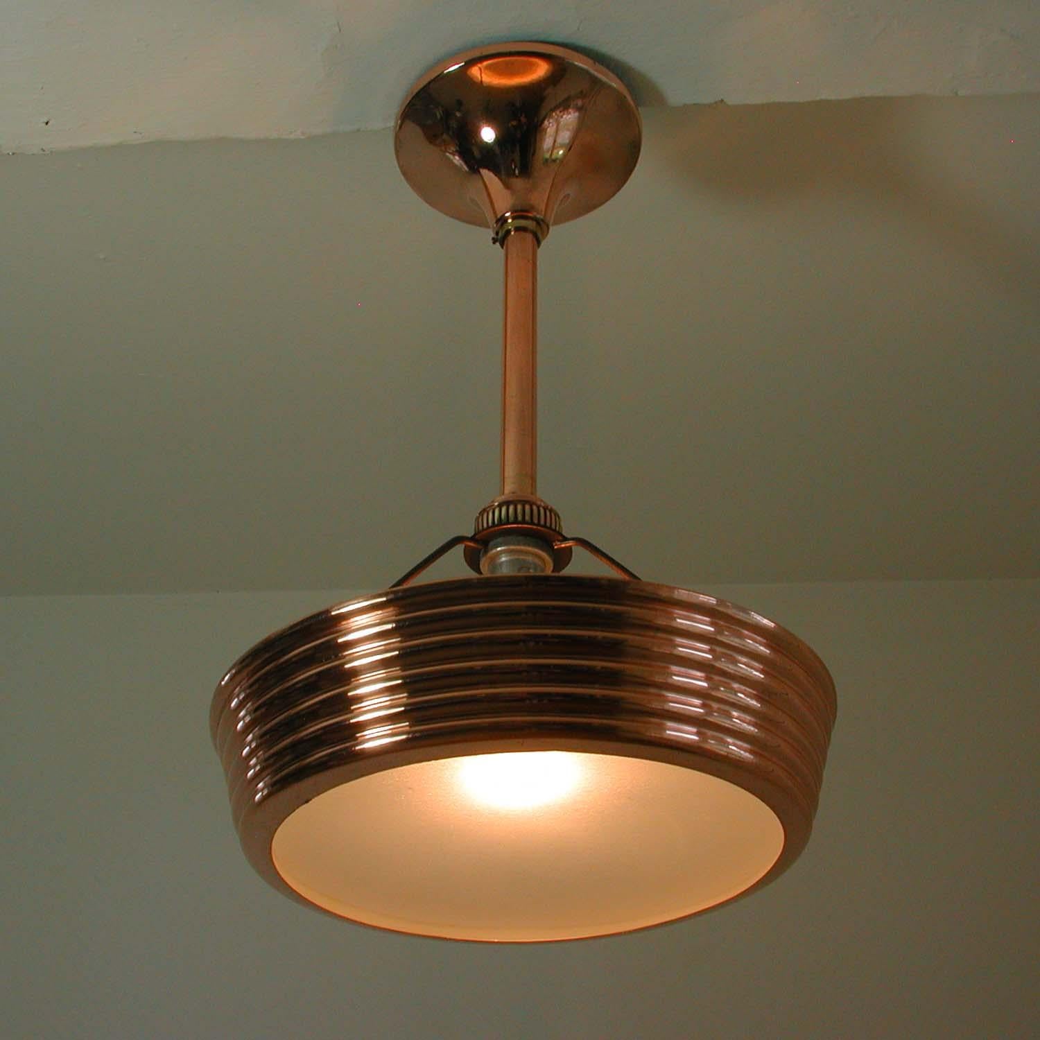 French Art Deco Copper and Satin Glass Flush Mount Pendant, 1930s For Sale 5