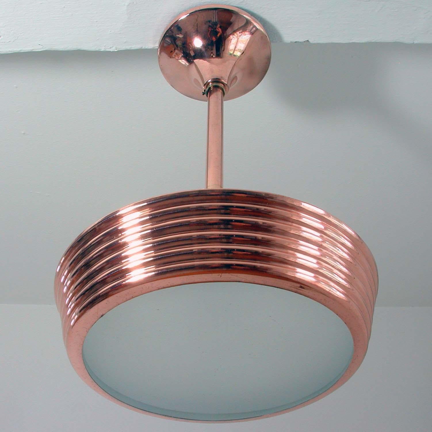 French Art Deco Copper and Satin Glass Flush Mount Pendant, 1930s For Sale 6
