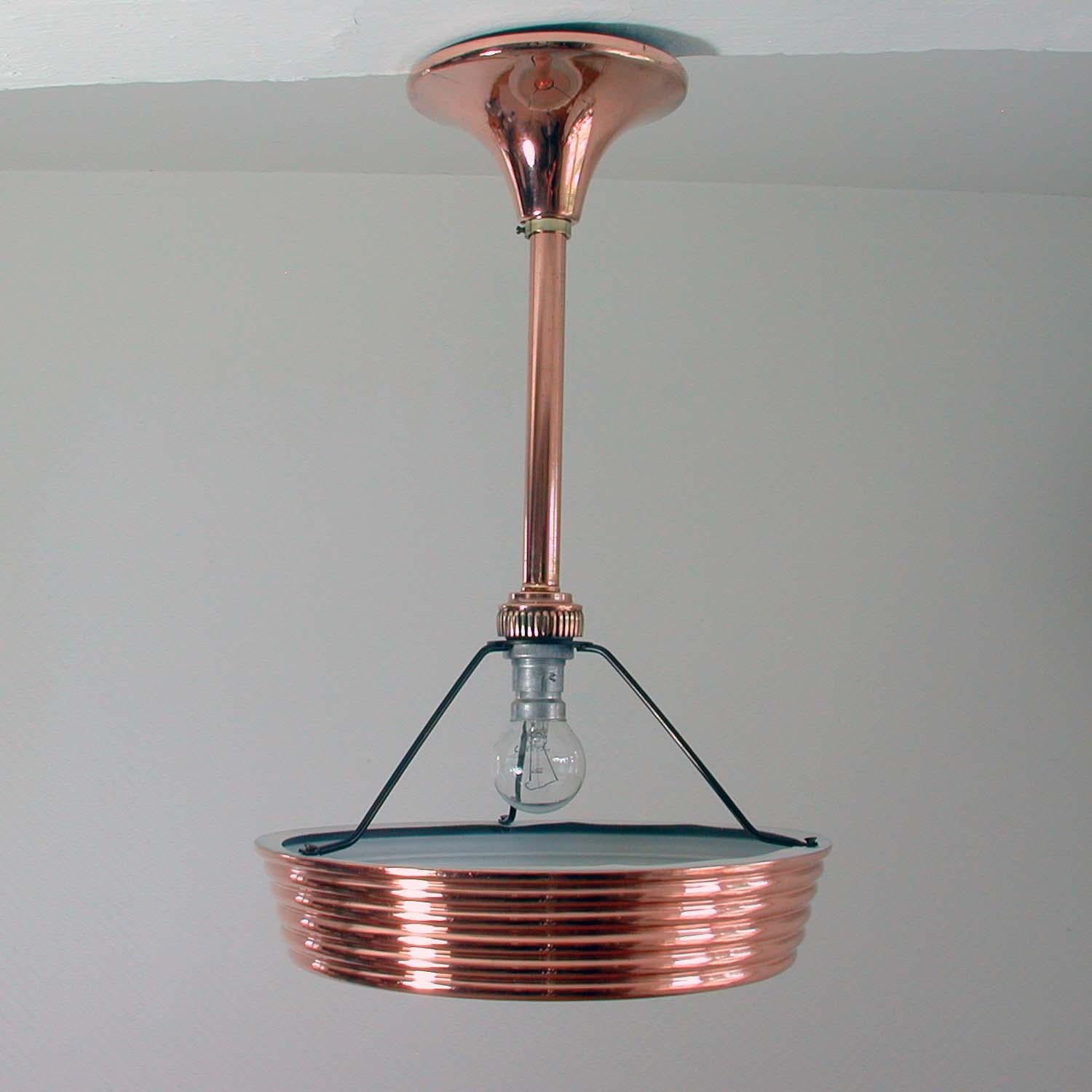 Mid-20th Century French Art Deco Copper and Satin Glass Flush Mount Pendant, 1930s For Sale