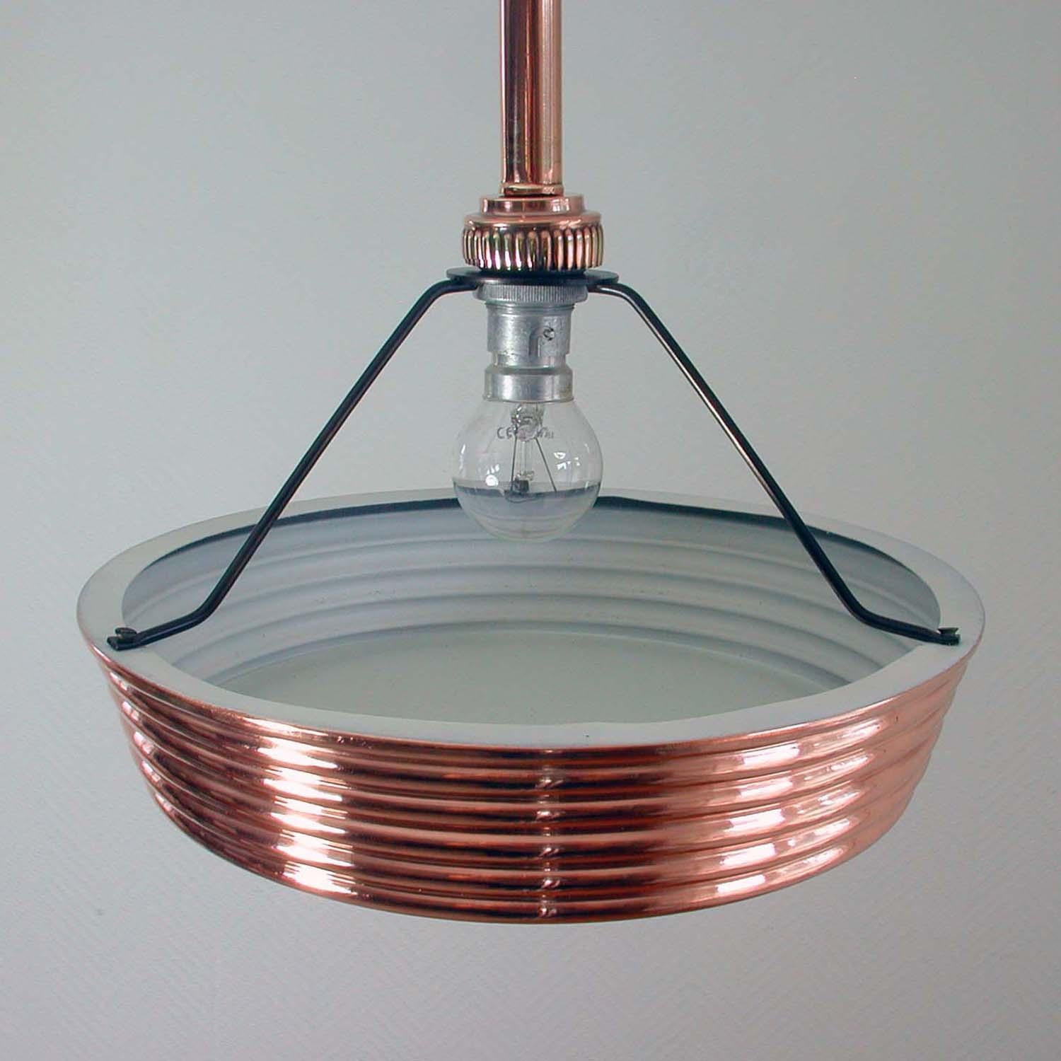 French Art Deco Copper and Satin Glass Flush Mount Pendant, 1930s For Sale 1