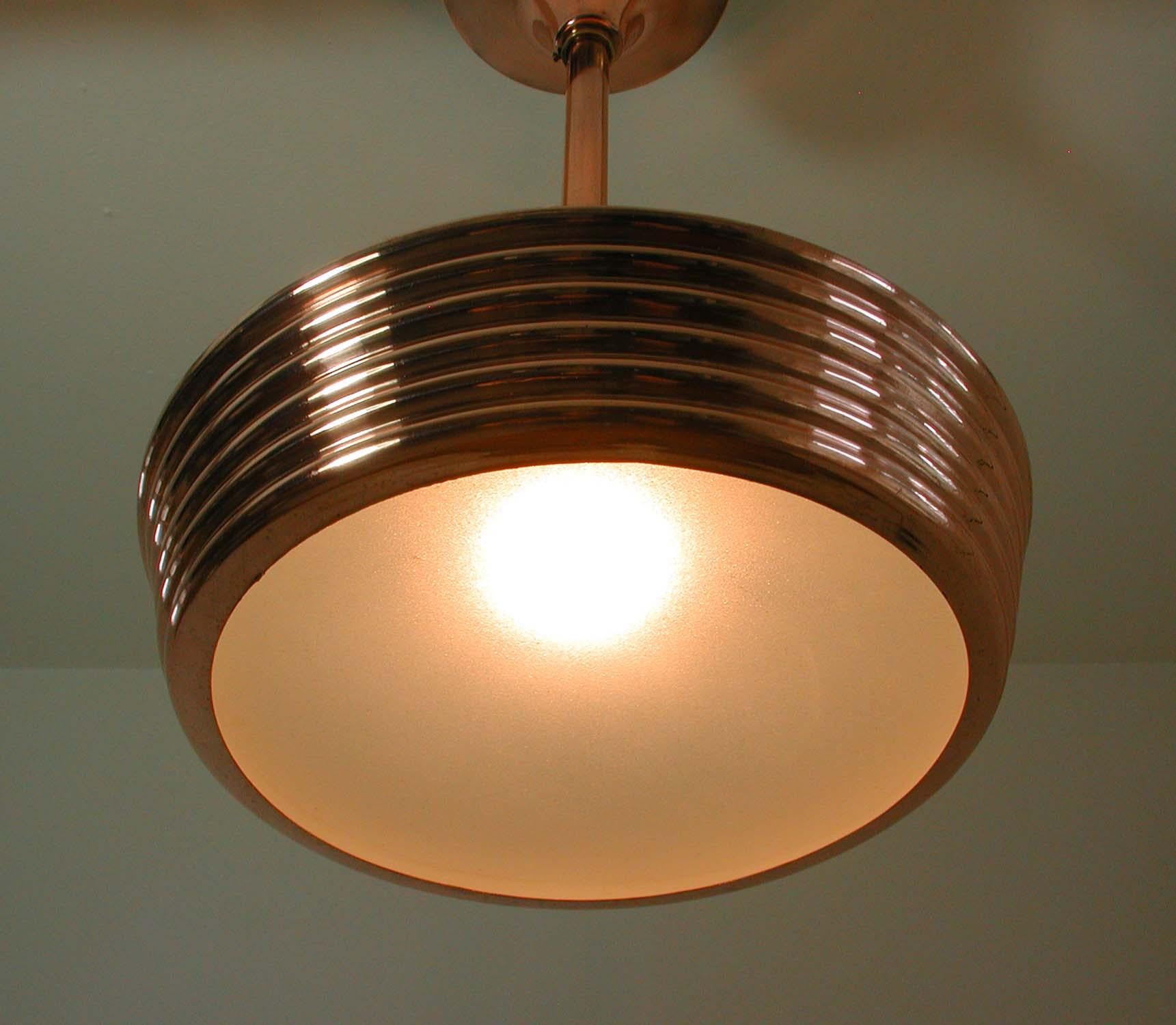 French Art Deco Copper and Satin Glass Flush Mount Pendant, 1930s For Sale 3