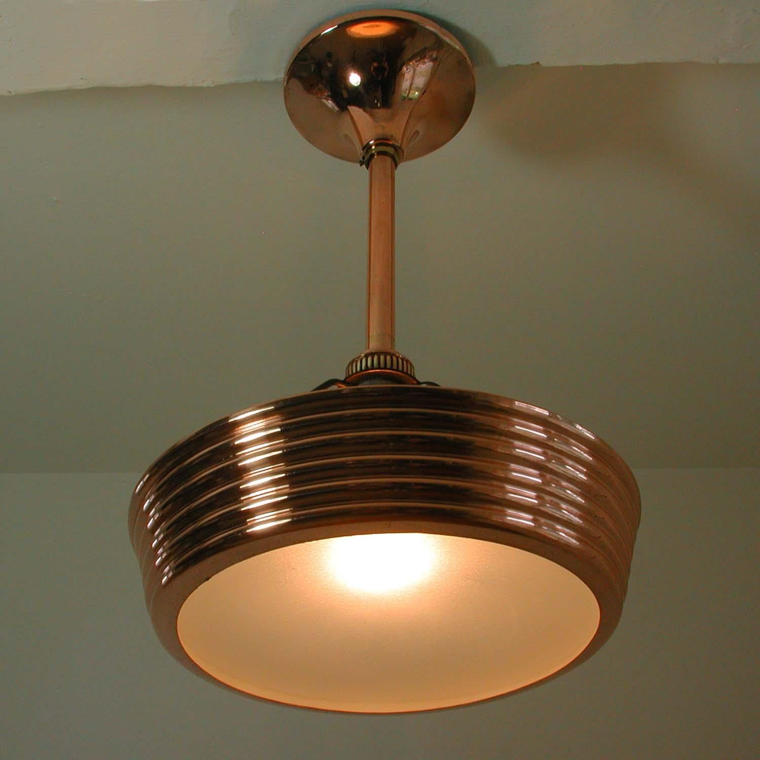French Art Deco Copper and Satin Glass Flush Mount Pendant, 1930s For Sale 4