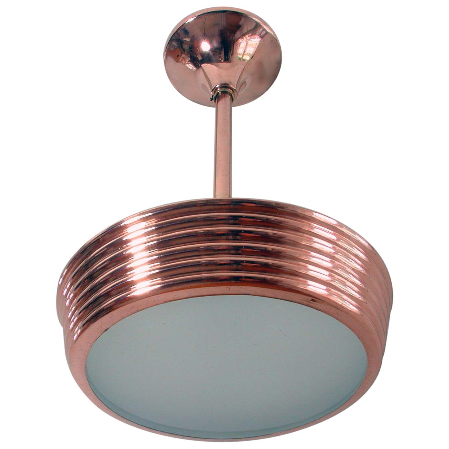 French Art Deco Copper and Satin Glass Flush Mount Pendant, 1930s For Sale