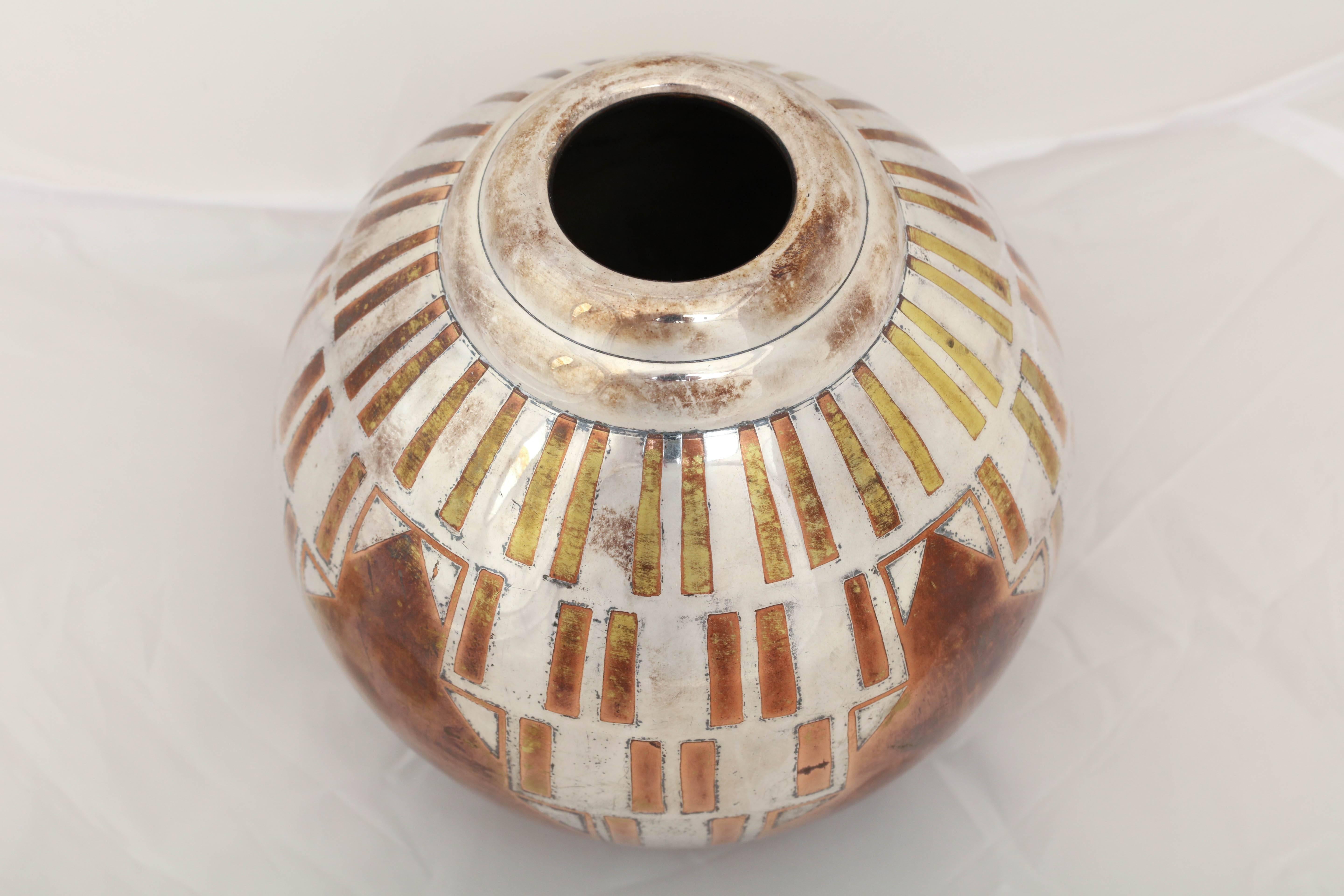 French Art Deco Copper and Silver Dinanderie Vase by Luc Lanel for Christofle For Sale 6