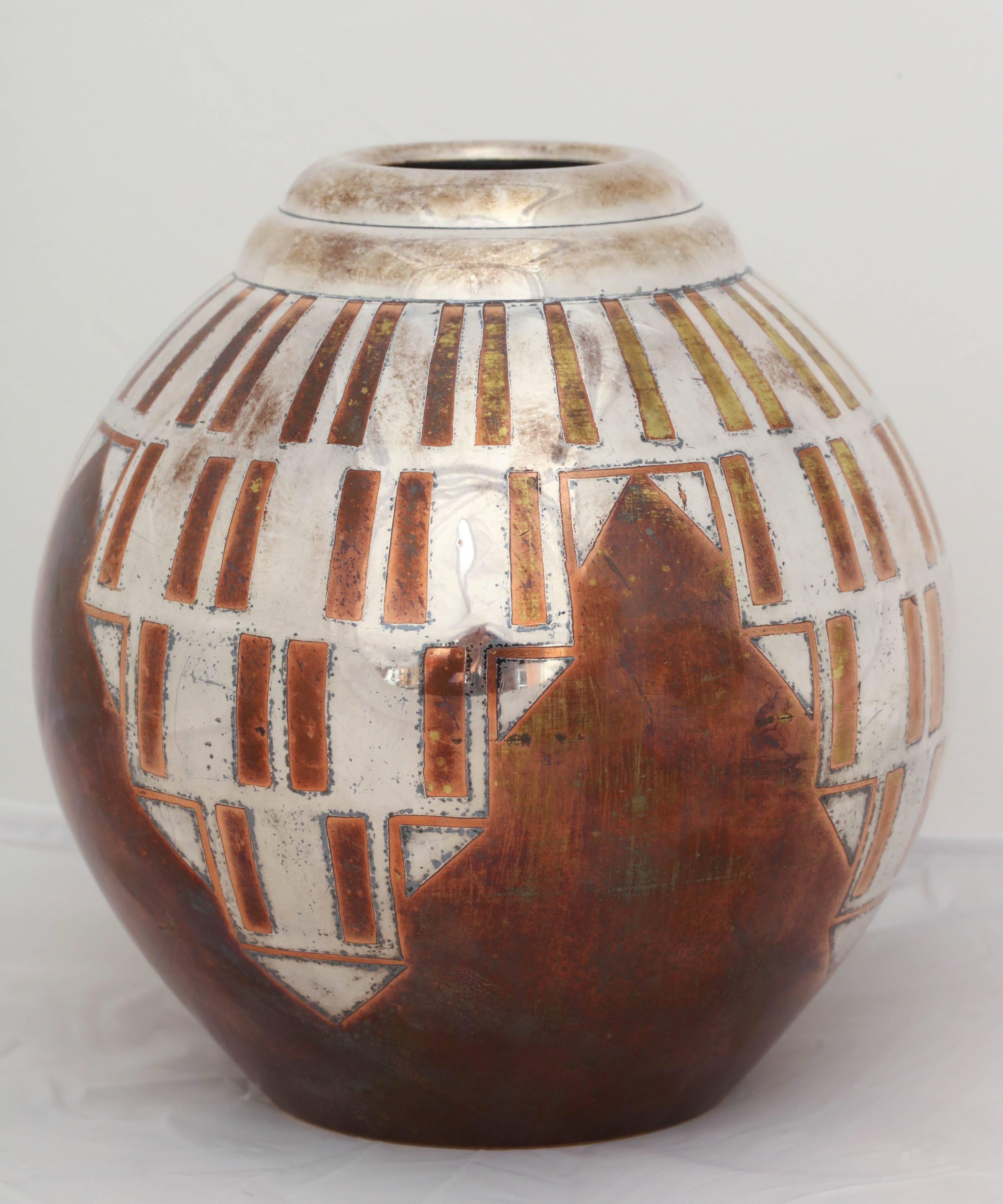 French Art Deco Copper and Silver Dinanderie Vase by Luc Lanel for Christofle In Excellent Condition For Sale In New York, NY